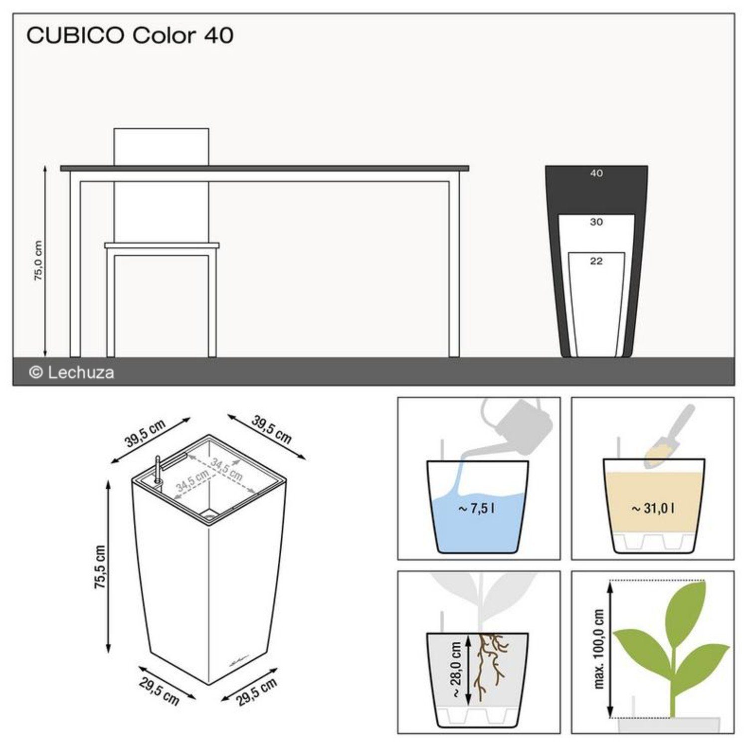 Lechuza® Pflanzkübel Pflanzgefäß Cubico Color 40 muskat (Komplettset)