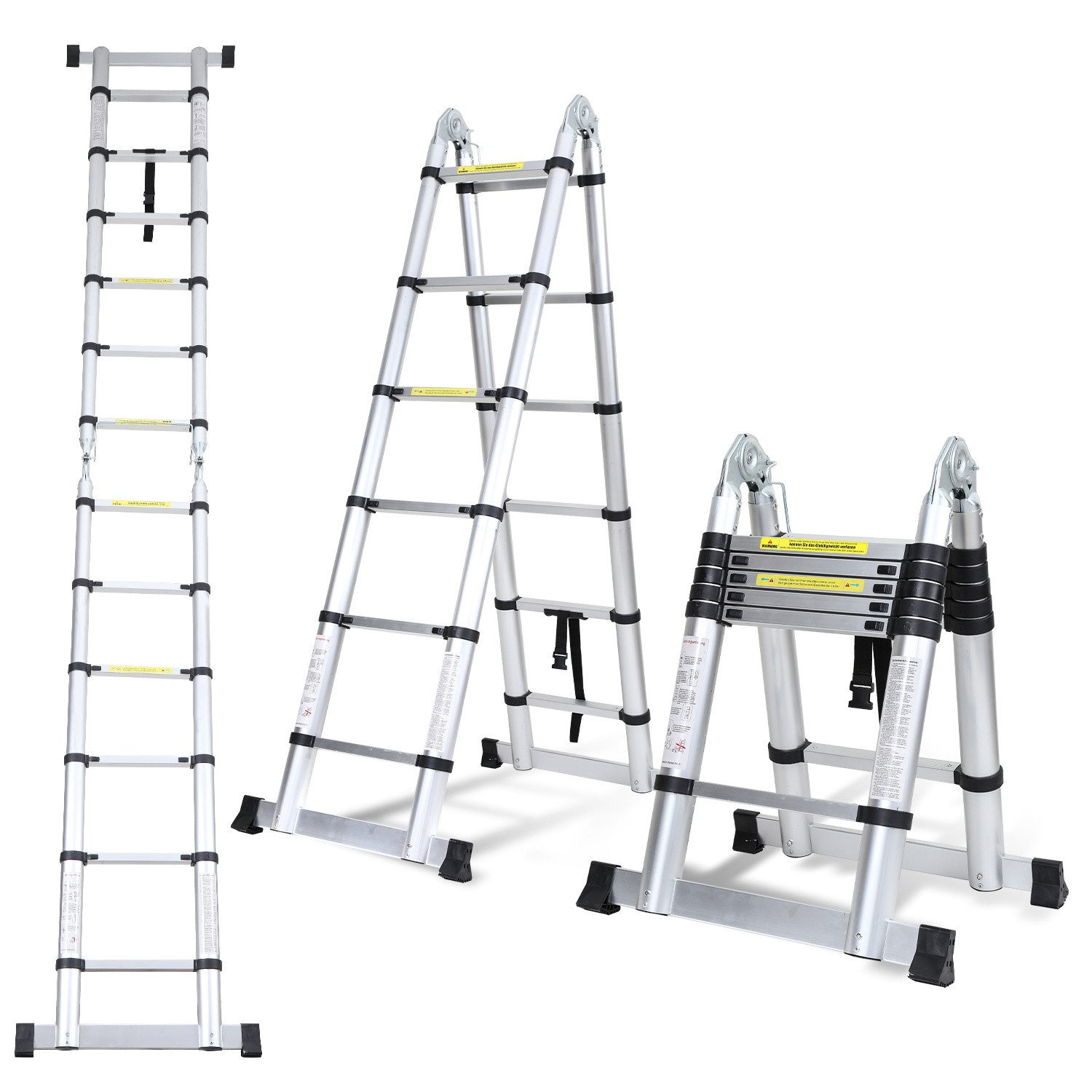 Clanmacy Teleskopleiter Aluminium Teleskopleiter 3,8M Silber, Leiter Ausziehbar Klappleiter, M (Teleskopleiter,Anlegeleiter,Klappleiter,Schiebeleiter, Hochleistungs-Teleskopleiter, Hochwertiges Aluminiummaterial), Mühelose Portabilität Unabhängige Verrieg