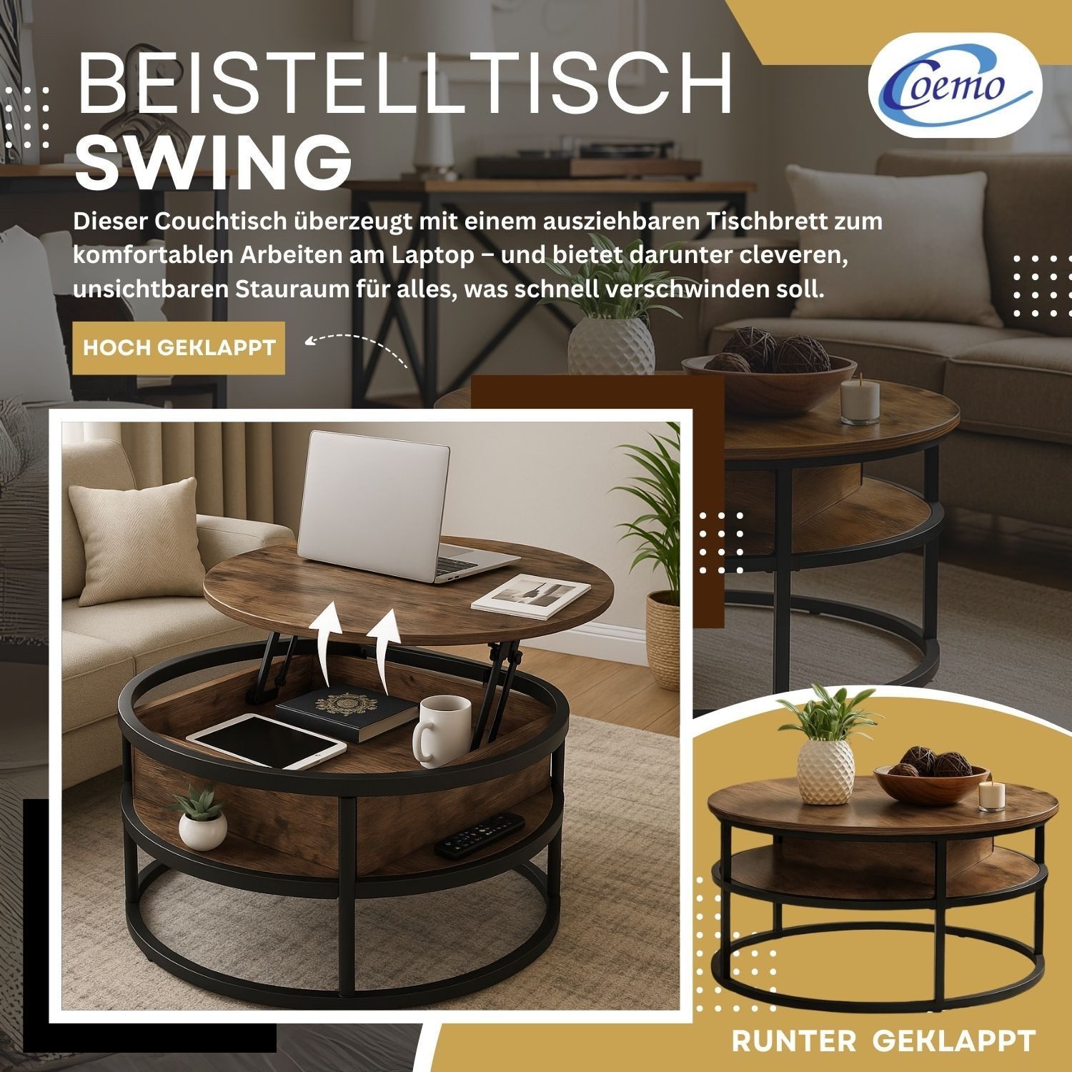Coemo Wohnzimmertisch SWING, Braun Couchtisch Metallgestell schwingbare Tis günstig online kaufen