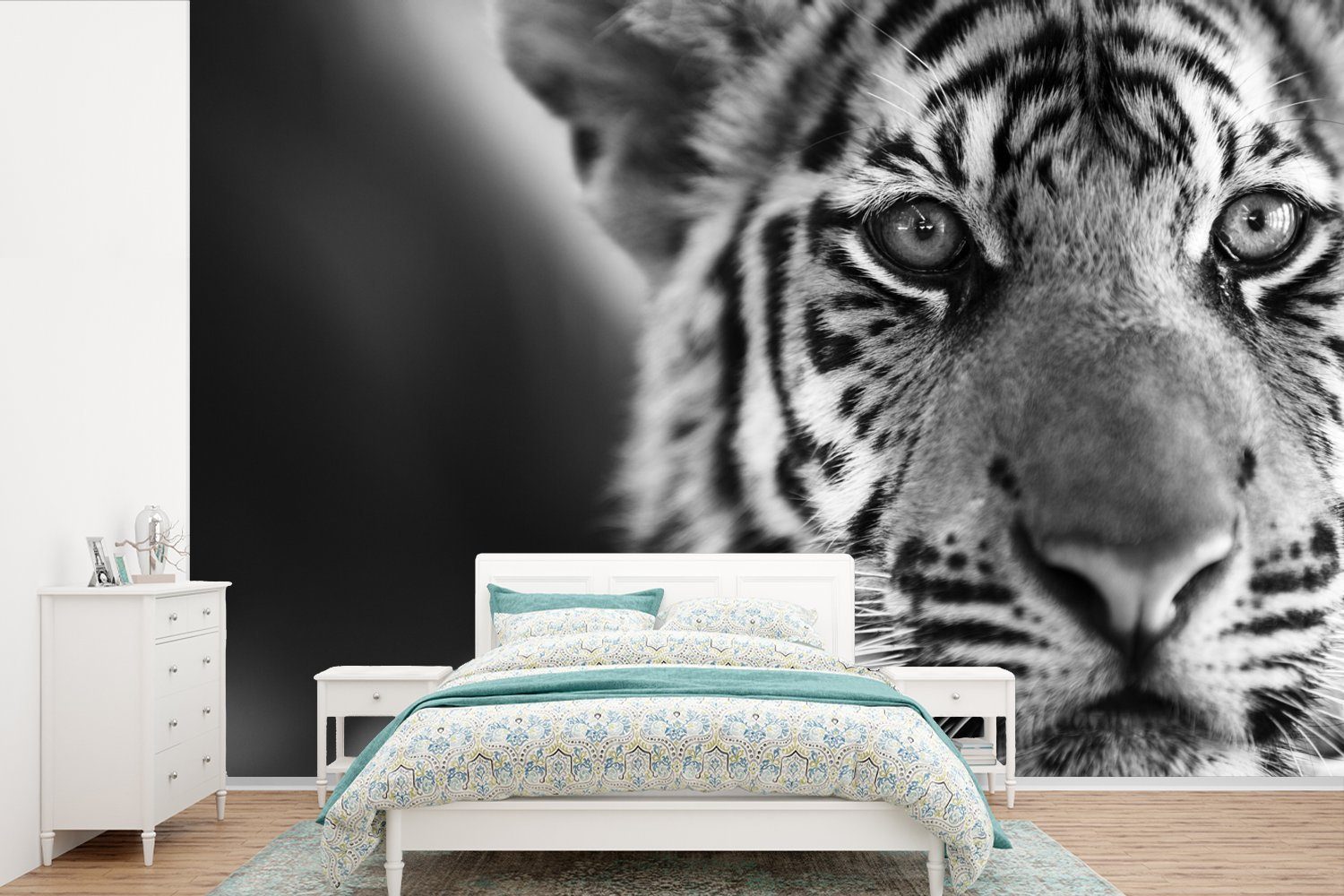 MuchoWow Fototapete Tiger - Tapete Wallpaper Vinyl Weiß, Wohnzimmer, Matt, St), Jungtier Kinderzimmer, Schlafzimmer, - (6 bedruckt, - für Schwarz