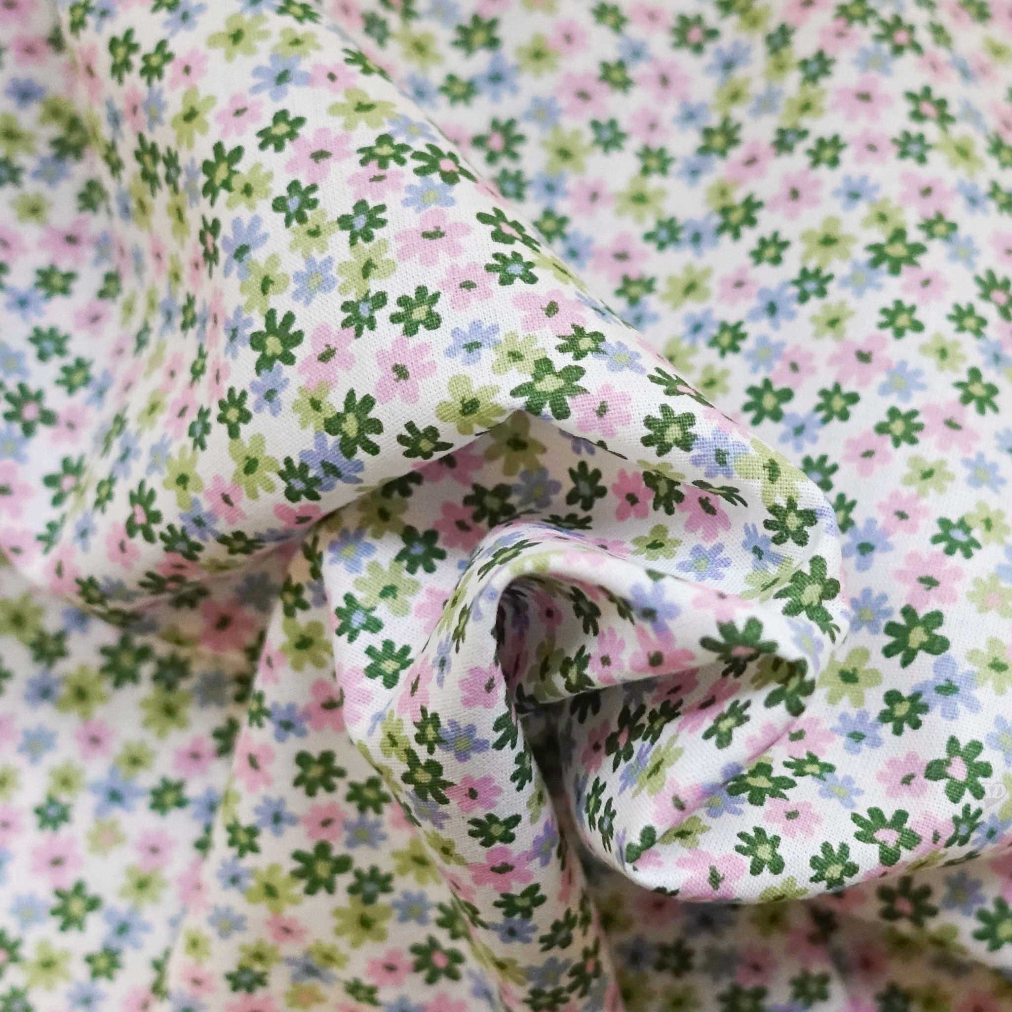 maDDma Stoff Baumwoll-Stoff bunte Blumenwiese ab 1x1,45m Popeline Sommerstoff, 025 - grüne Blüten
