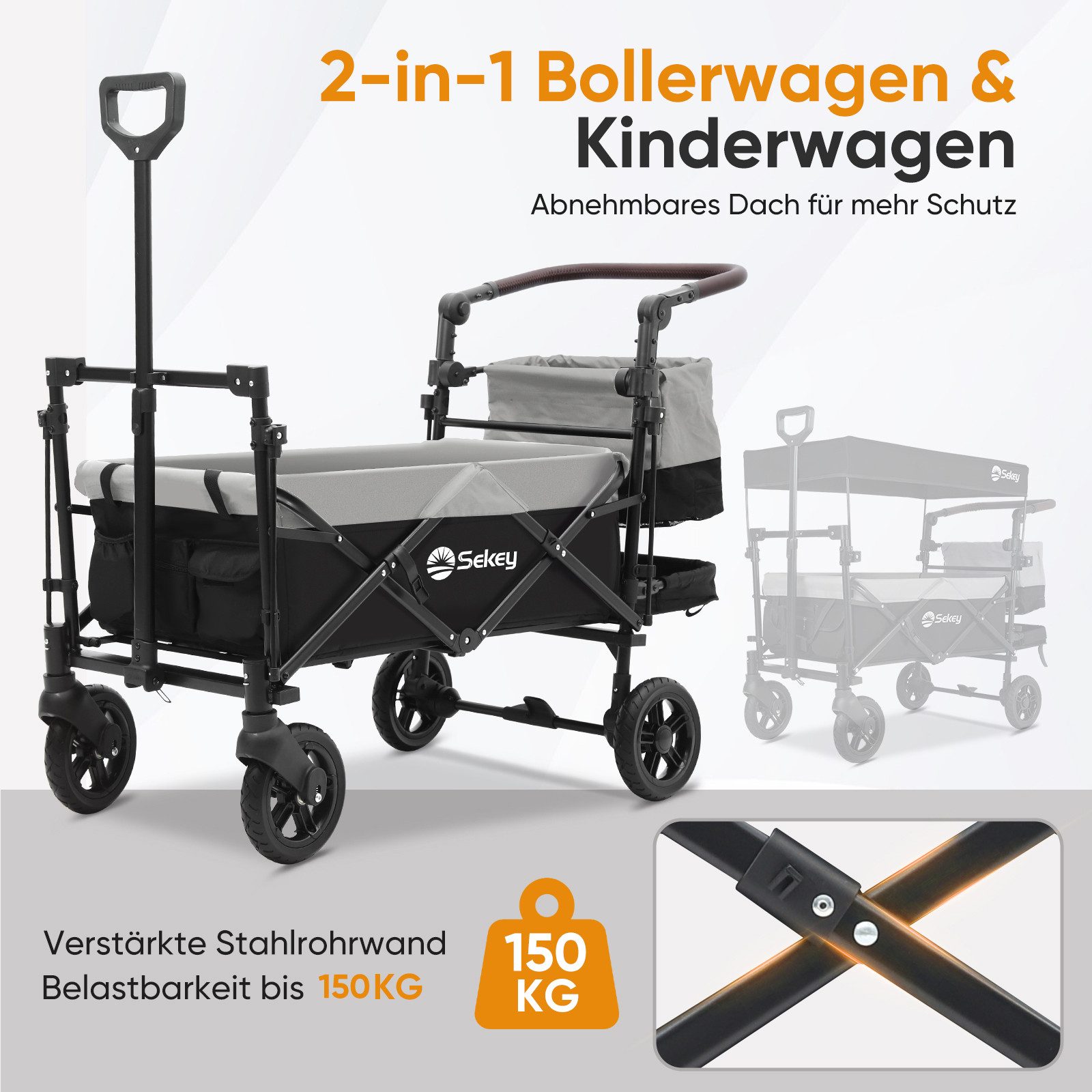 Sekey Bollerwagen 150 kg Faltbarer Bollerwagen mit Dach und 3-Punkt-Sicherheitsgurt, Faltbarer Handwagen Schiebegriff, Transportwagen mit Bremsen