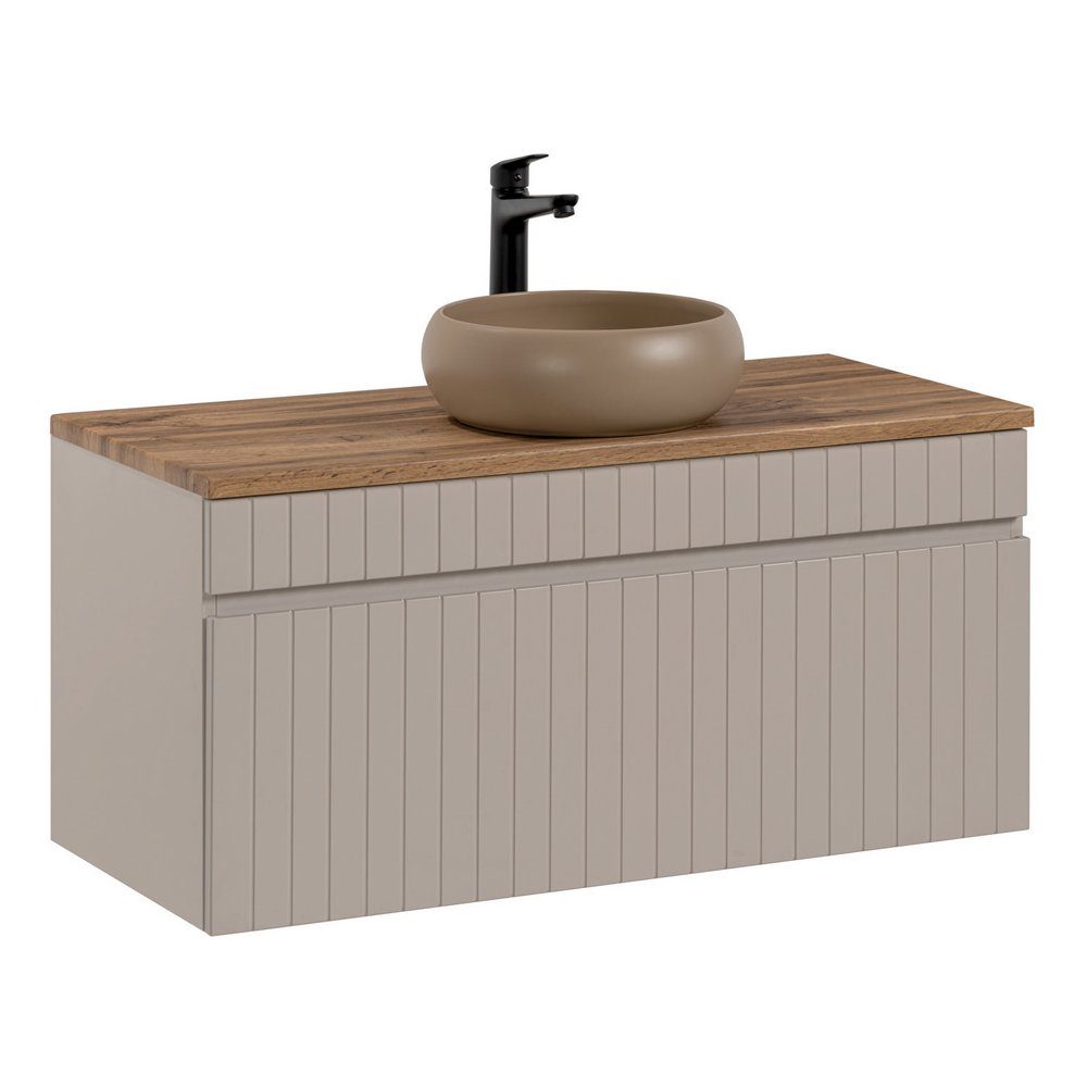 Lomadox Waschtisch IRAKLIO-56-CASHMERE, Kaschmir, Eiche Nb, 1 Auszug, Keramik Waschbecken rund, 100,4 cm breit