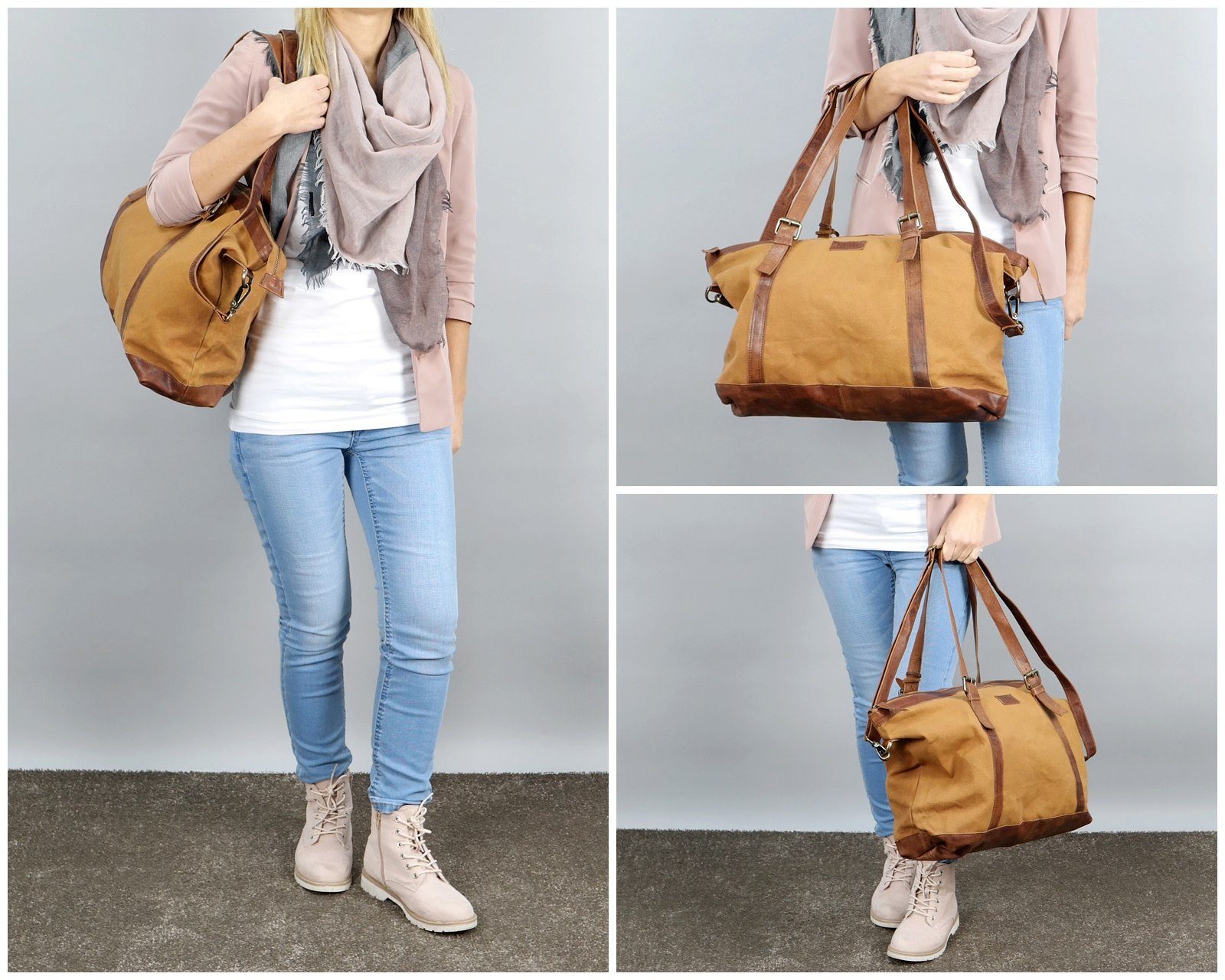 LECONI Weekender Reisetasche Shopper Sporttasche Damen Herren Leder Canvas LE2013, Imprägnierter Canvas – Lederdetails – Größe 55×36×15 cm