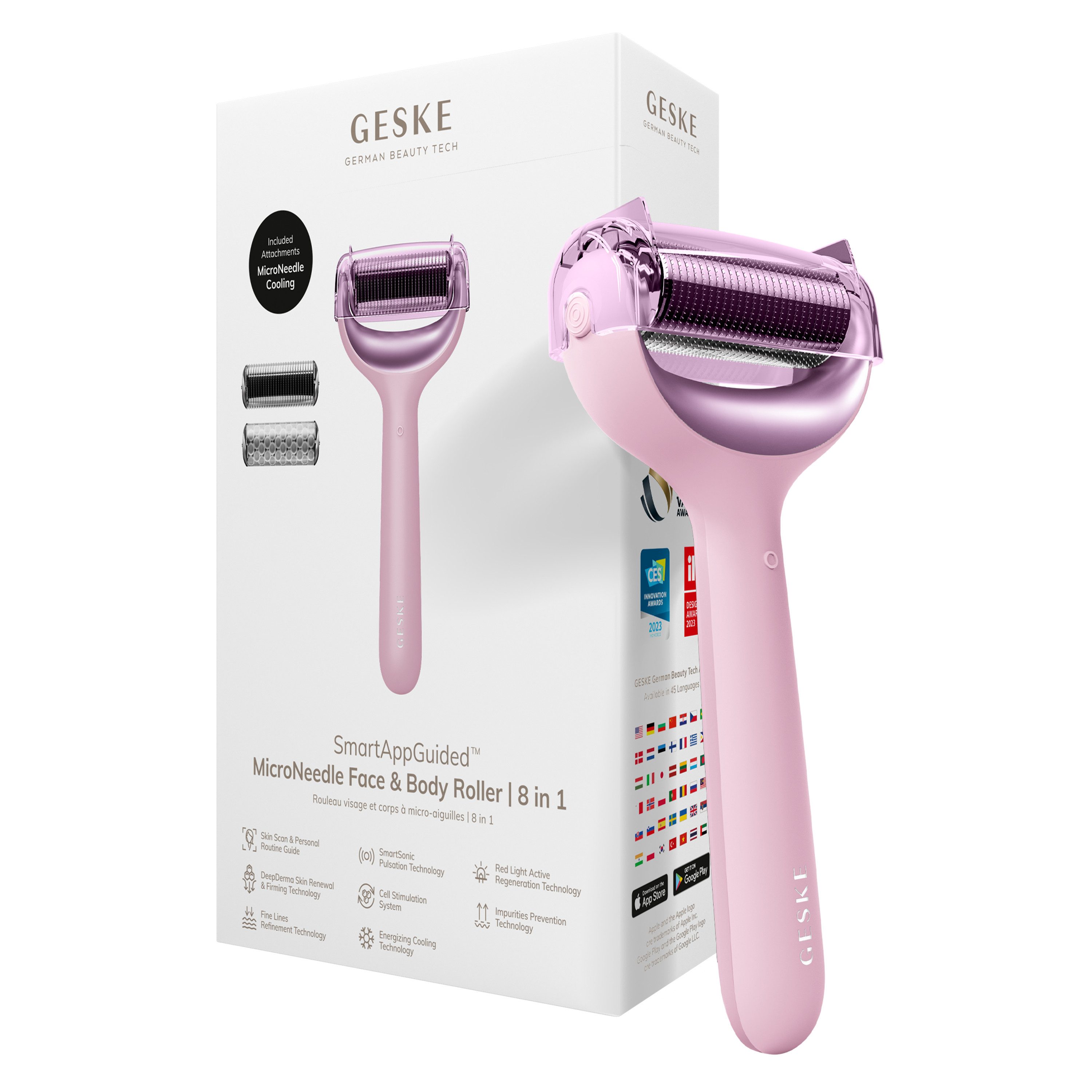 GESKE German Beauty Tech Micro-Needling SmartAppGuided™ MicroNeedle Face & Body Roller 8 in 1, Packung (Gerät & USB-Ladekabel), 4-tlg., Gerät inkl. kostenloser APP (SmartAppGuided Device), Mit der GESKE App erhältst Du deine personalisierte Hautpflegeroutine.