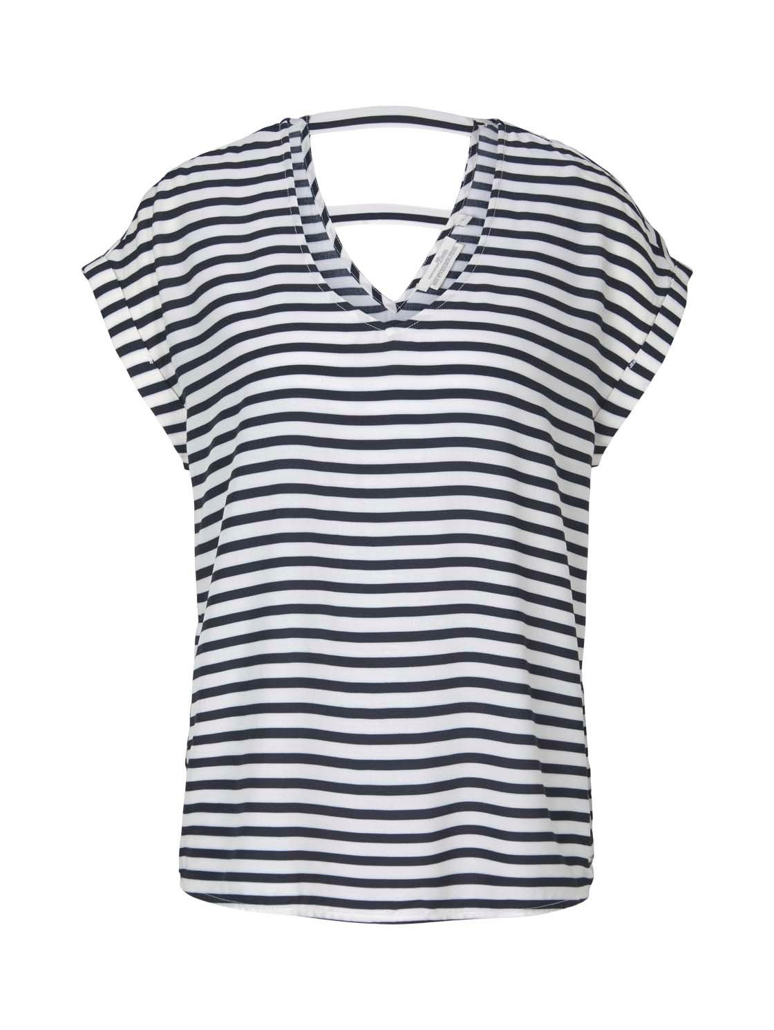 TOM TAILOR Denim T-Shirt Printed V-Neck (1-tlg) mit Rückenausschnitt Navy white stripe ( 25924)