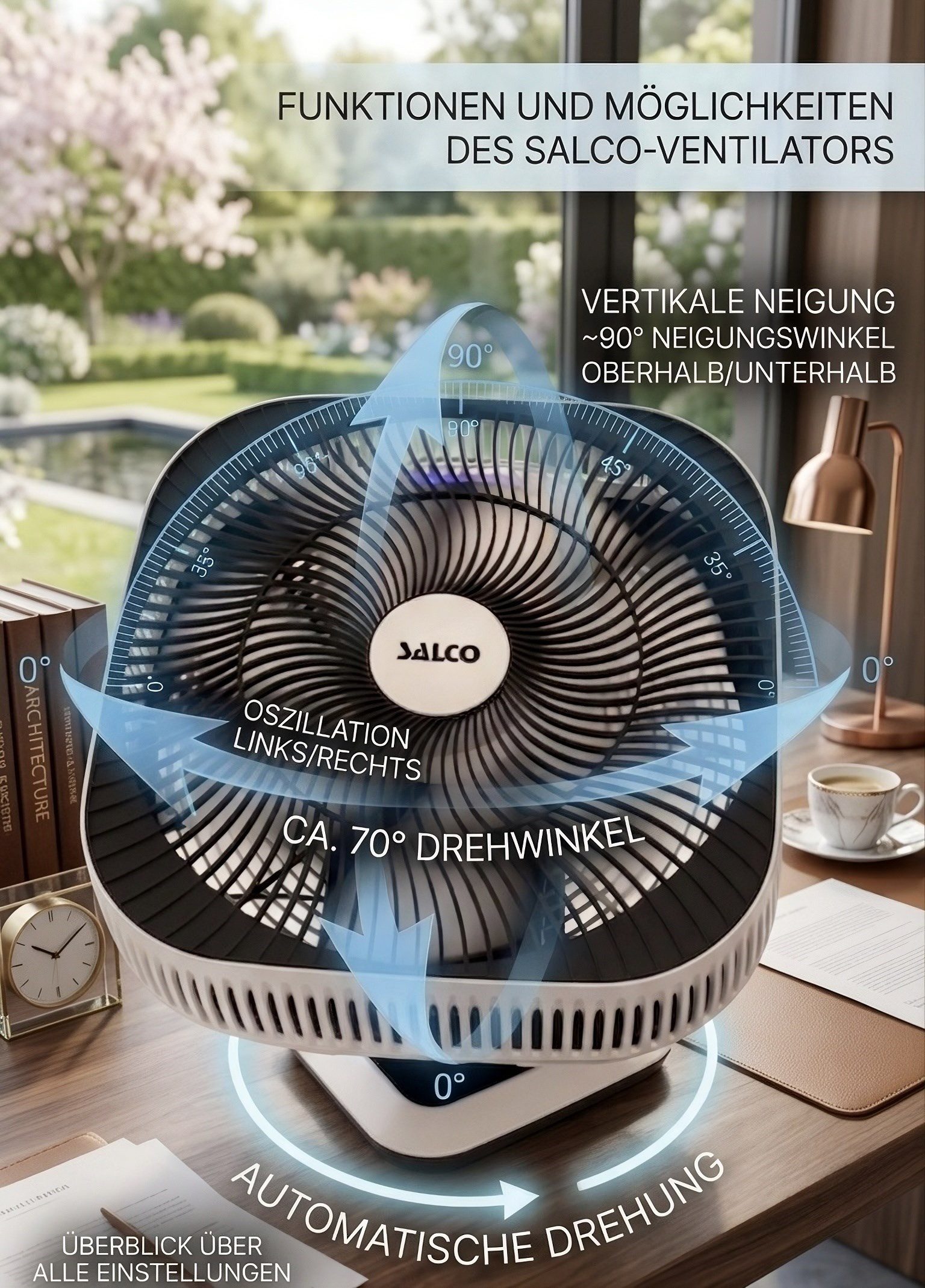 SALCO Tischventilator SST-261, 8 Geschwindigkeiten, 80°-Oszillation & Neigung, Timer, Fernbedienung