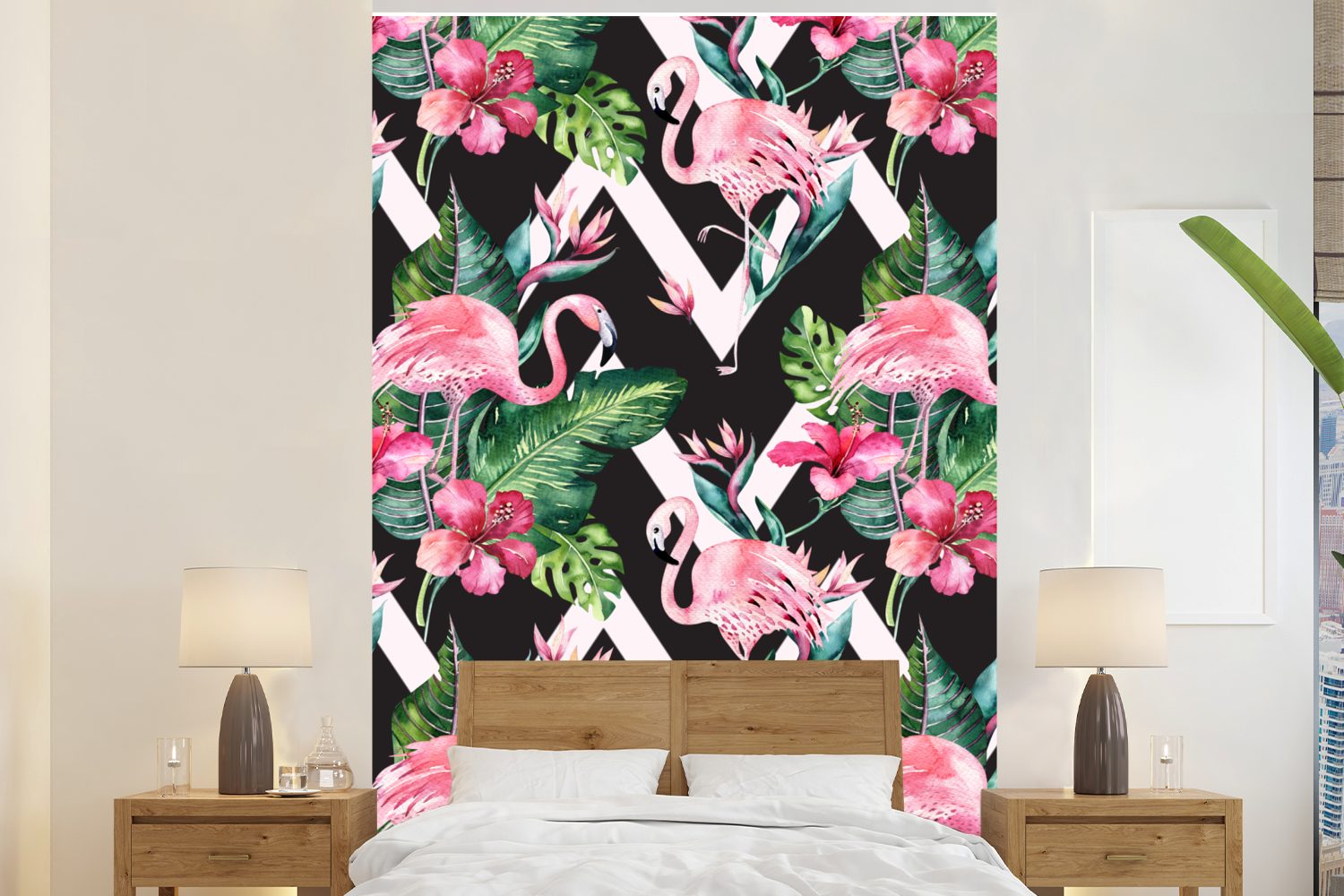 MuchoWow Fototapete Muster - Blumen - Flamingo, Matt, bedruckt, (3 St), Montagefertig Vinyl Tapete für Wohnzimmer, Wandtapete