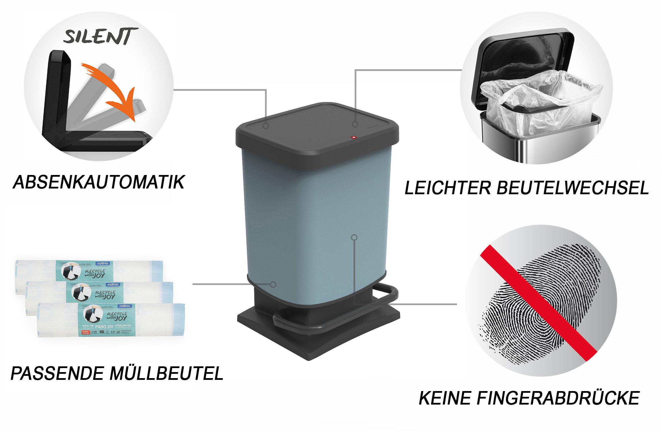 ROTHO Mülleimer Paso Mülleimer 20l mit Deckel, Kunststoff (PP recycelt), hergestellt in der Schweiz