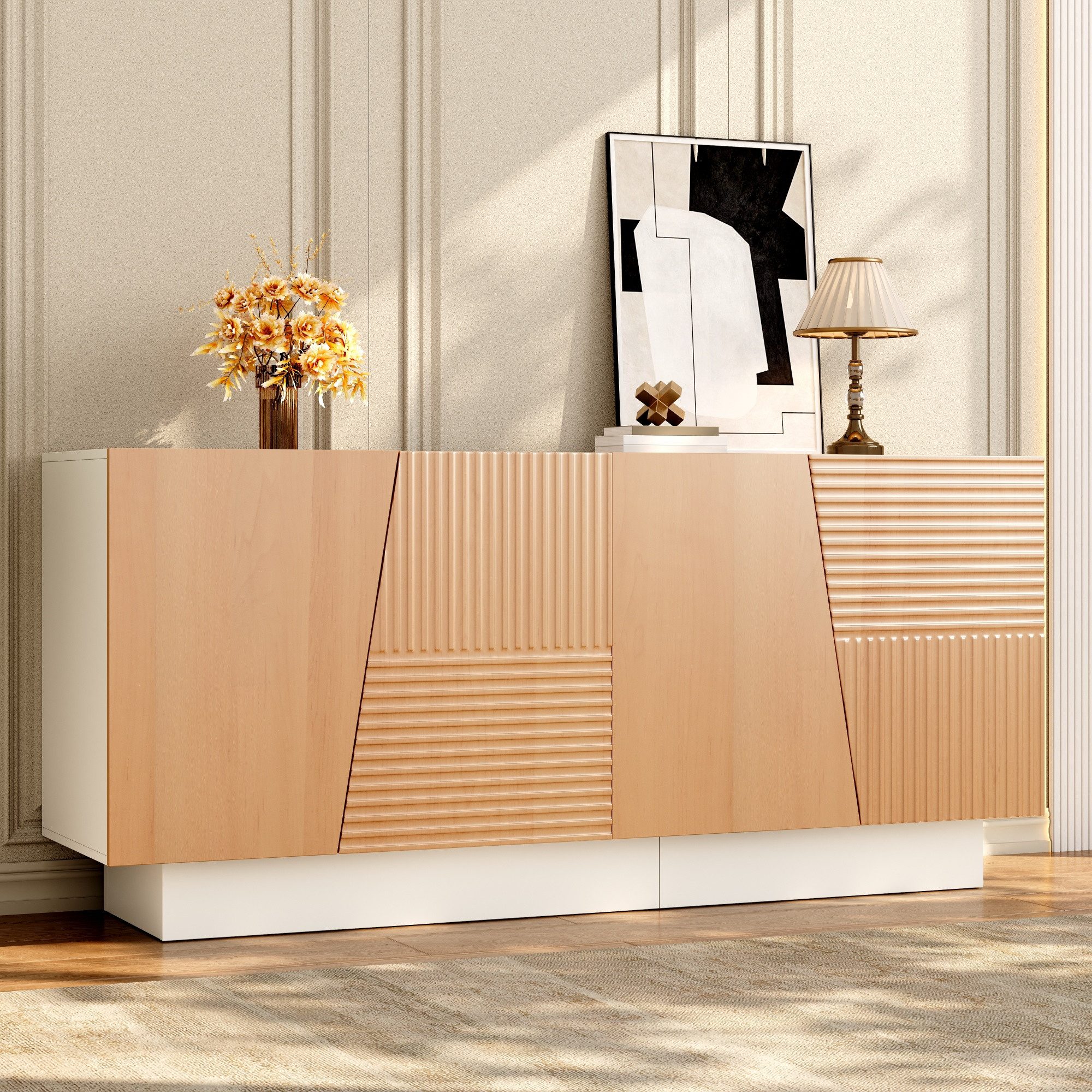 Merax Sideboard mit geometrischer Rillenstruktur (160 x 40,5 x 72 cm (L x B x H), 1 St), Kommode mit 4 Türen, großem Stauraum & höhenverstellbaren Einlegeböden – Bild 3 von 5