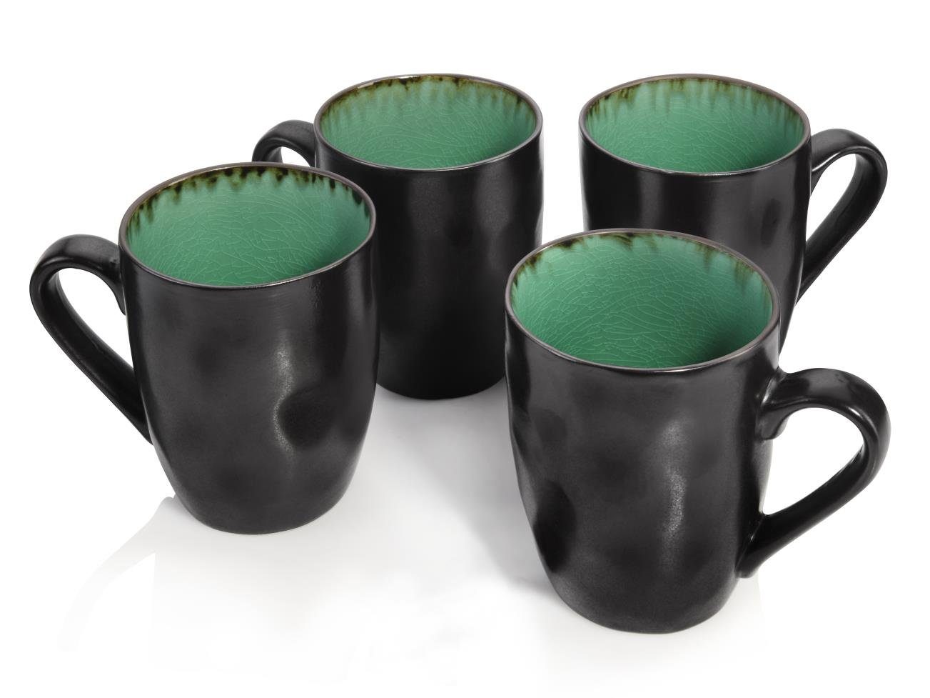 SÄNGER Becher Palm Beach Kaffeebecher Grün Schwarz, 4-tlg., Steingut, 300 ml, Handmade, Premium Collection