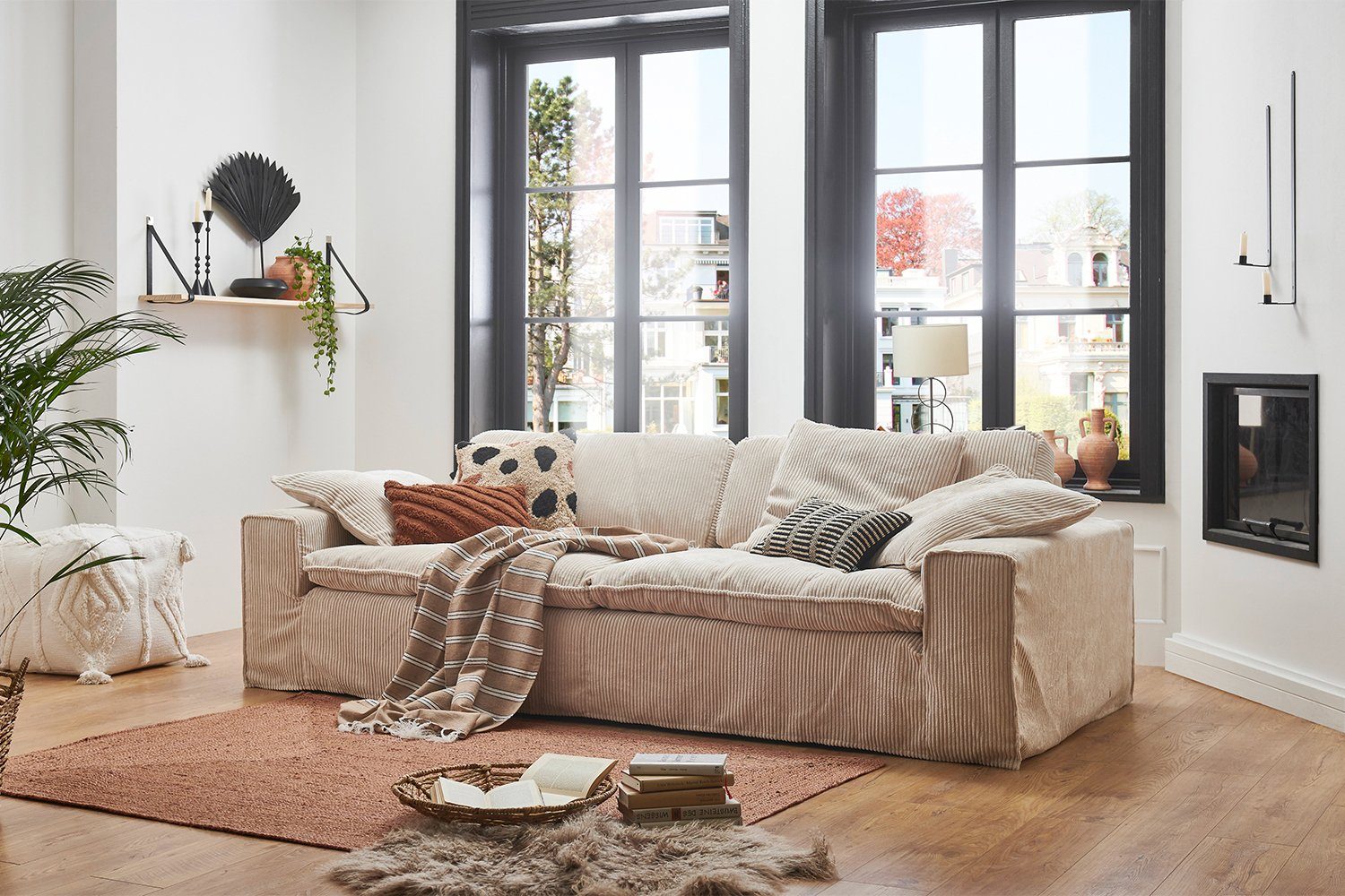 KAWOLA 3-Sitzer NETTA, Sofa Cord Bezug abziehbar, versch. Breiten und versch. Farben cremeweiß | cremeweiß