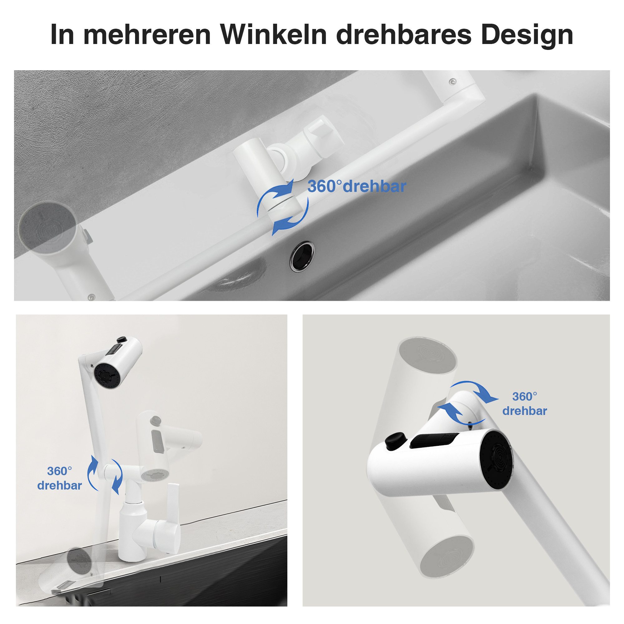 SEHAUSEU Waschtischarmatur Wasserhahn Bad Küche Waschbeckenarmatur Badarmaturen Küchenarmatur 360° drehbar, schwarz, weiß – Bild 4 von 5