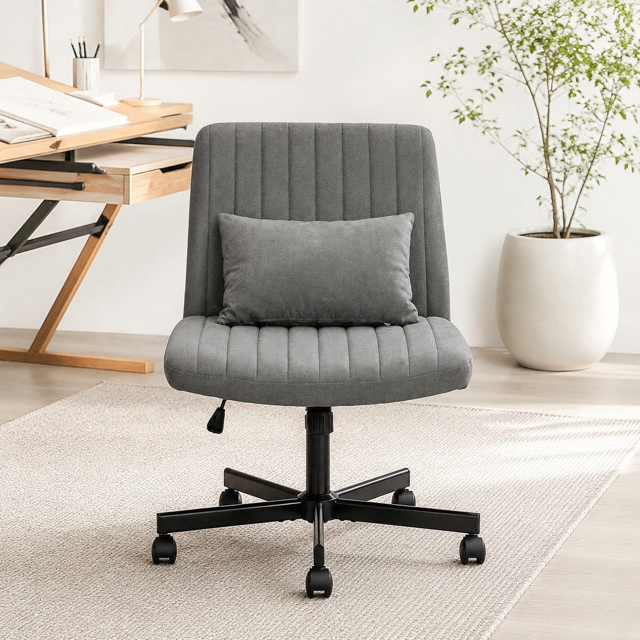 MODFU Bürostuhl für Homeoffice, höhenverstellbarer Drehstuhl ohne Armlehne (Moderner Bürostuhl Leise Rollen & Polsterkissen, eleganter Stoffbezug, 1 St), 67x92x67 cm Ideal für Arbeitszimmer, Wohnzimmer & Besprechungsbereich