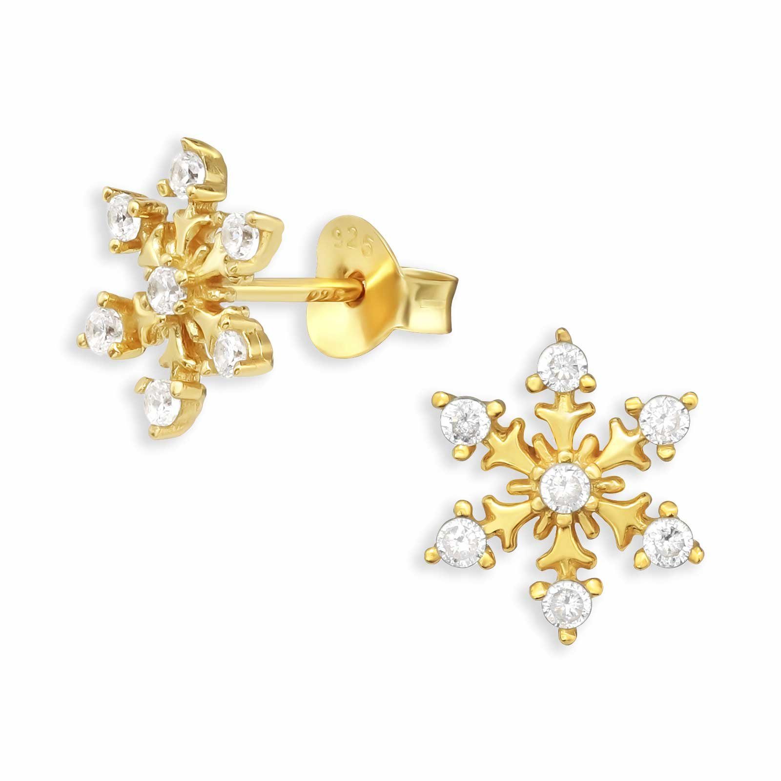 Monkimau Paar Ohrstecker Ohrringe Schneeflocken aus Silber Gold plattiert 925 (Packung)