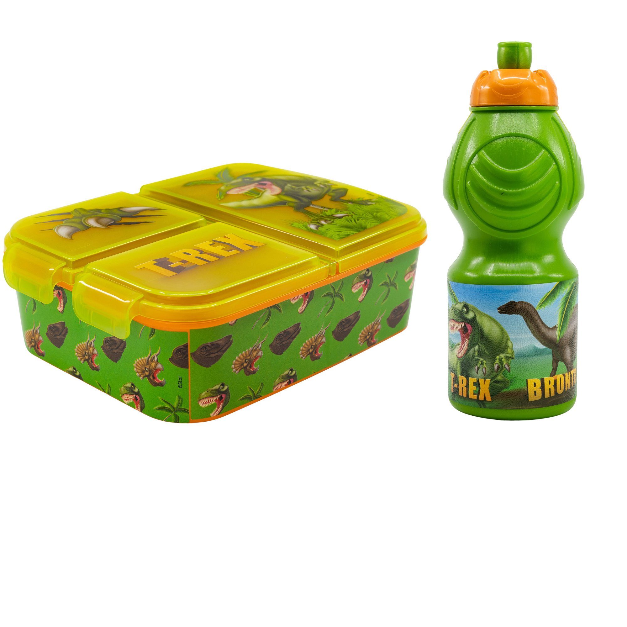 Stor Lunchbox Dinosaurier T-Rex Kinder 2 tlg Set Brotdose 3 Kammern Trinkflasche, Kunststoff