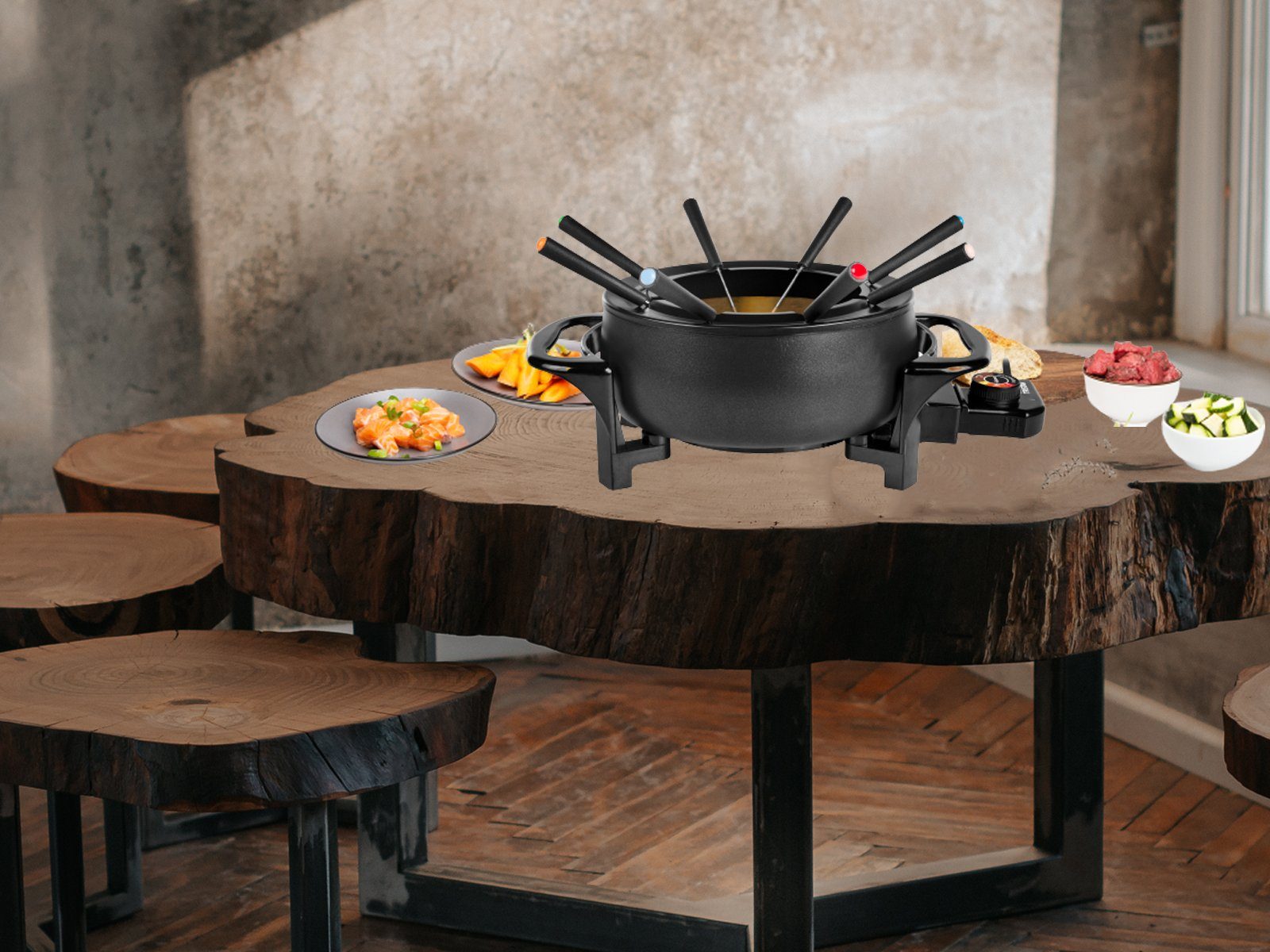 Tristar Elektro-Fondue, 8 Fonduegabeln, 1.5 l, 2-8 Personen Set Alu Fonduetopf auch für Käsefondue