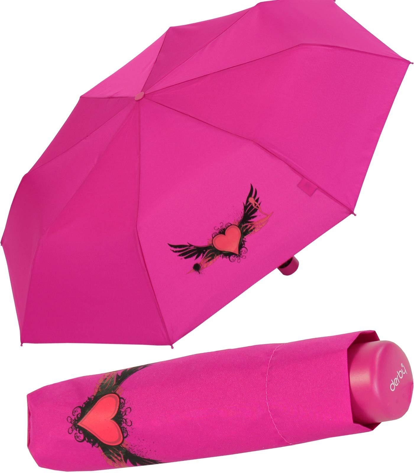 derby Taschenregenschirm Mini Kinderschirm Mädchen leicht Kids - flieder, ein leichter Schirm für den Schulweg mit coolen Motiven heart