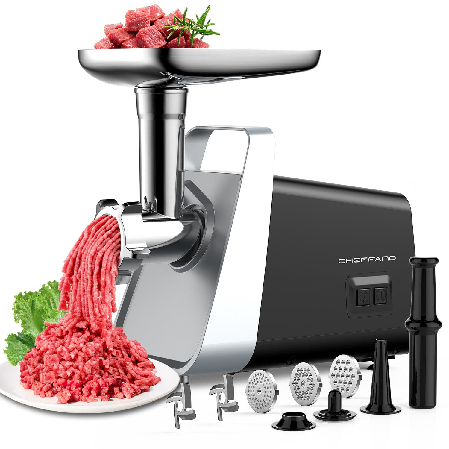 CHEFFANO Fleischwolf Fleischwolf Edelstahl mit Wurstfüller, Kebbe, 3Lochscheiben & 2Klingen, 350 W