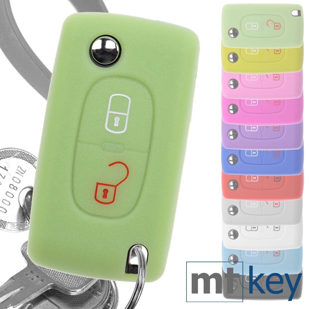 mt-key Schlüsseltasche Autoschlüssel Softcase Silikon Schutzhülle fluoreszierend Grün, für Citroen Berlingo C2 C3 Peugeot 207 307 308 2 Tasten Klappschlüssel