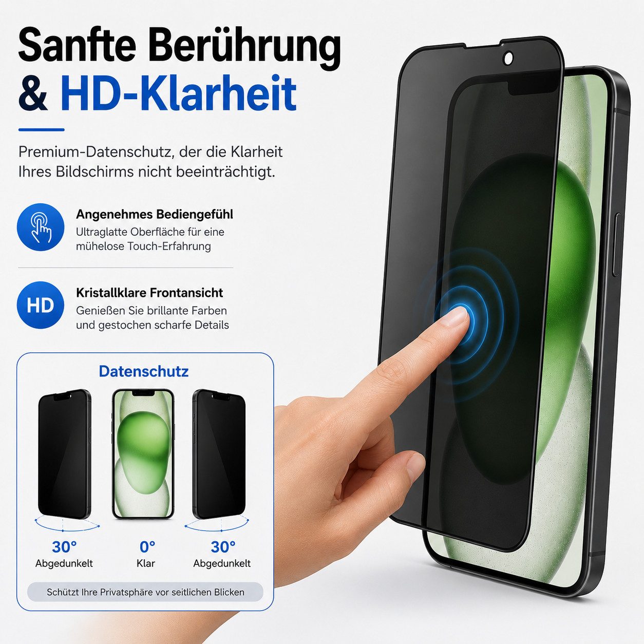Ventarent Displayschutzglas Privacy Schutzglas für iPhone 14 Serie für Apple iPhone 14 Pro Max, 2er Set, 2 Stück, 9H Hartglas, oleophobe Beschichtung, casefreun – Bild 4 von 5