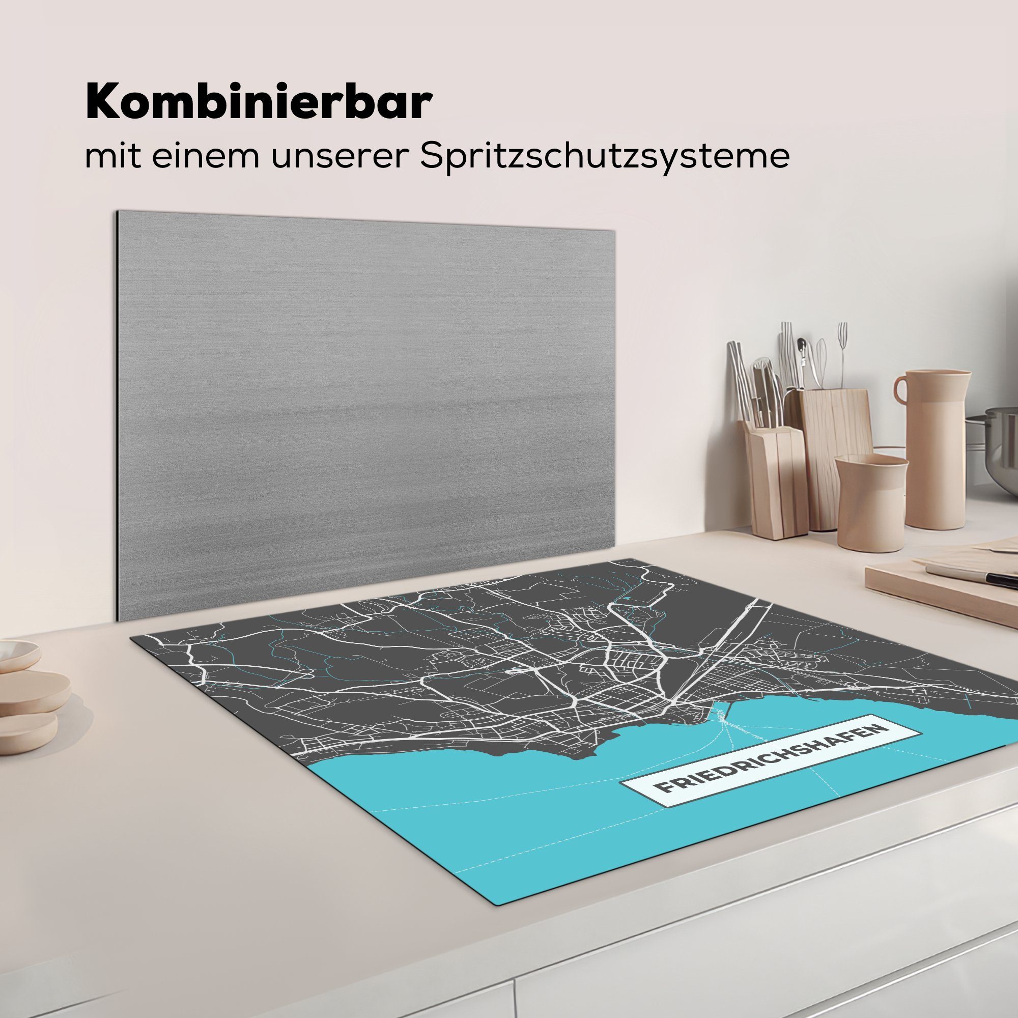 Ceranfeldabdeckung, Herdblende-/Abdeckplatte - küche (1 Stadtplan tlg), Arbeitsplatte 78x78 cm, Friedrichshafen - - Blau MuchoWow - Vinyl, für Karte, Deutschland