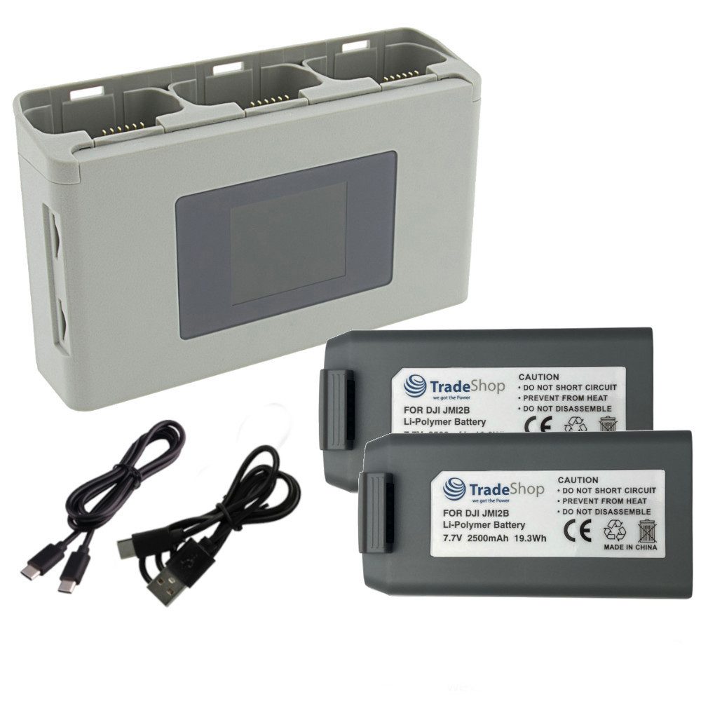 Trade-Shop 3in1 Set: 2x Akku + 3-fach Ladegerät passend für DJI Mavic Mini 2 Zubehör Drohne (mit Powerbank und SD-Speicherkartenaufbewahrung / Anschluss über USB-C)