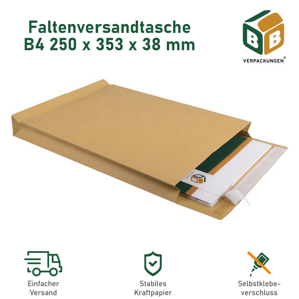 BB-Verpackungen Versandtasche Faltenversandtaschen, 250 x 353 x 38 mm, B4, Grammatur: 120 g/m²