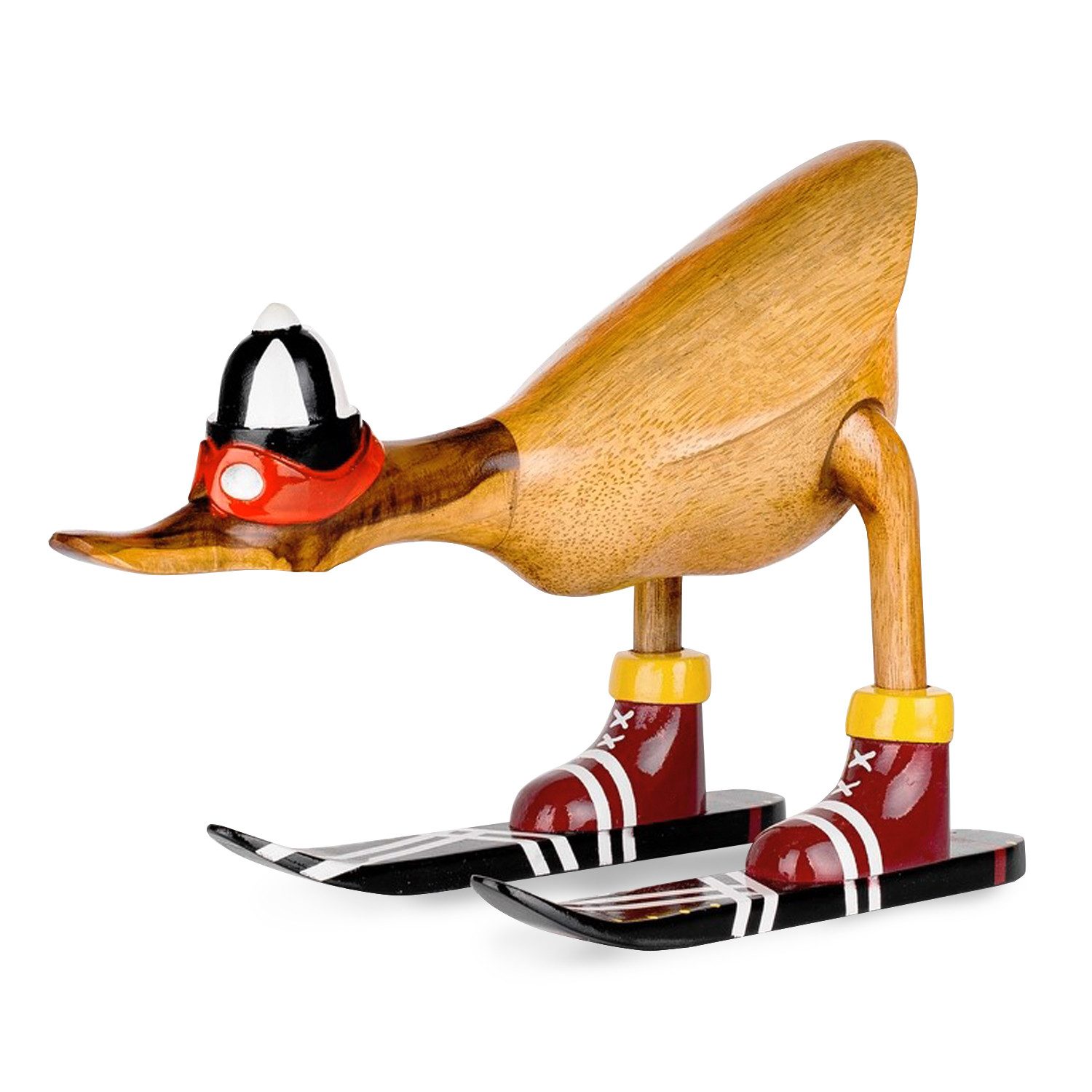 Rikmani Dekofigur Ente Skifahrer - Handgefertigte Dekoration aus Holz Geschenk Figur (3er-Set, SET: S, M, L), Drei Holzarten. Lackiert.