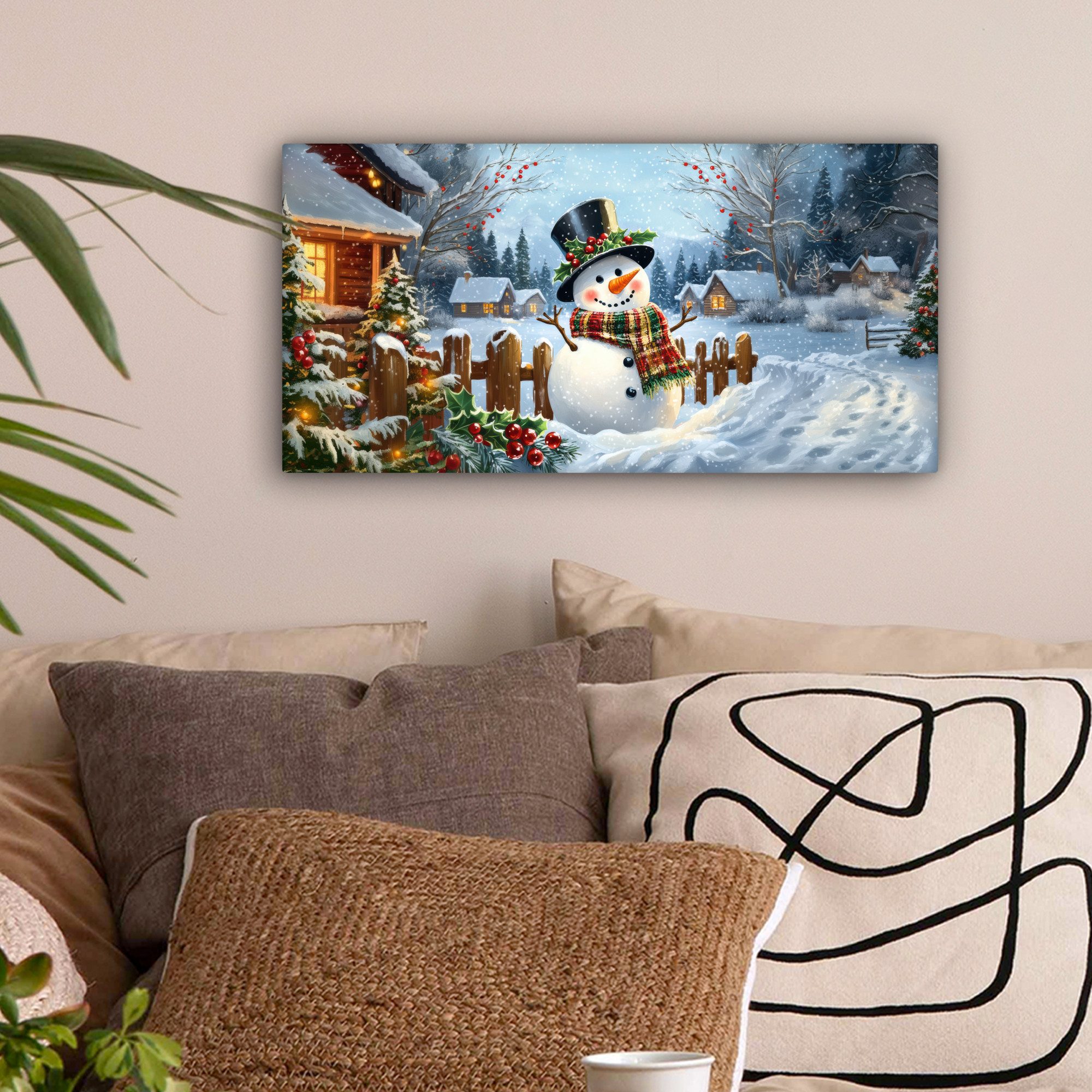 OneMillionCanvasses® Leinwandbild Panorama Schneemann - Winterdorf - Farben günstig online kaufen