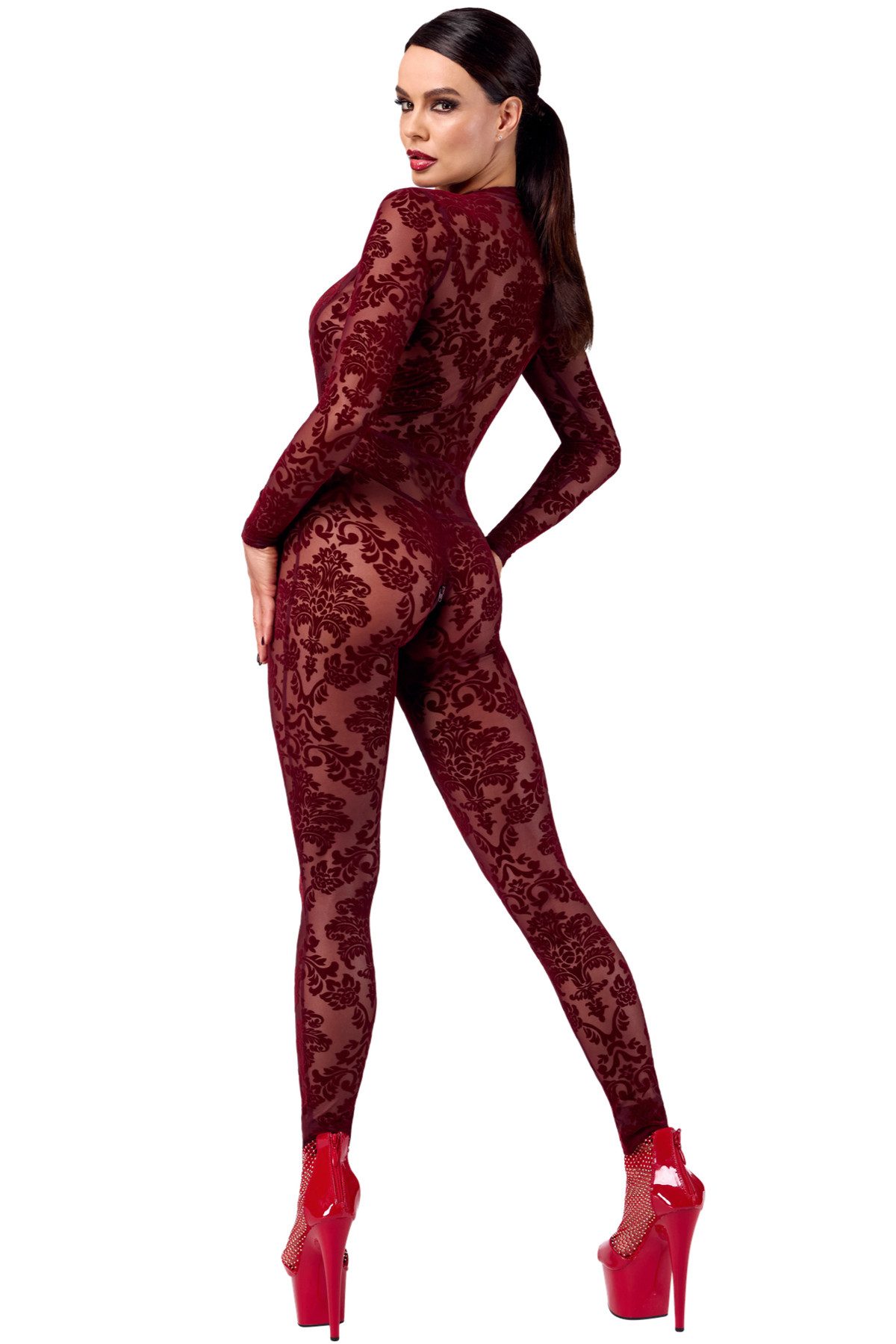 Noir Handmade Overall Damen Tüll Overall rot mit Netz und Ausschnitt transparent offen Front