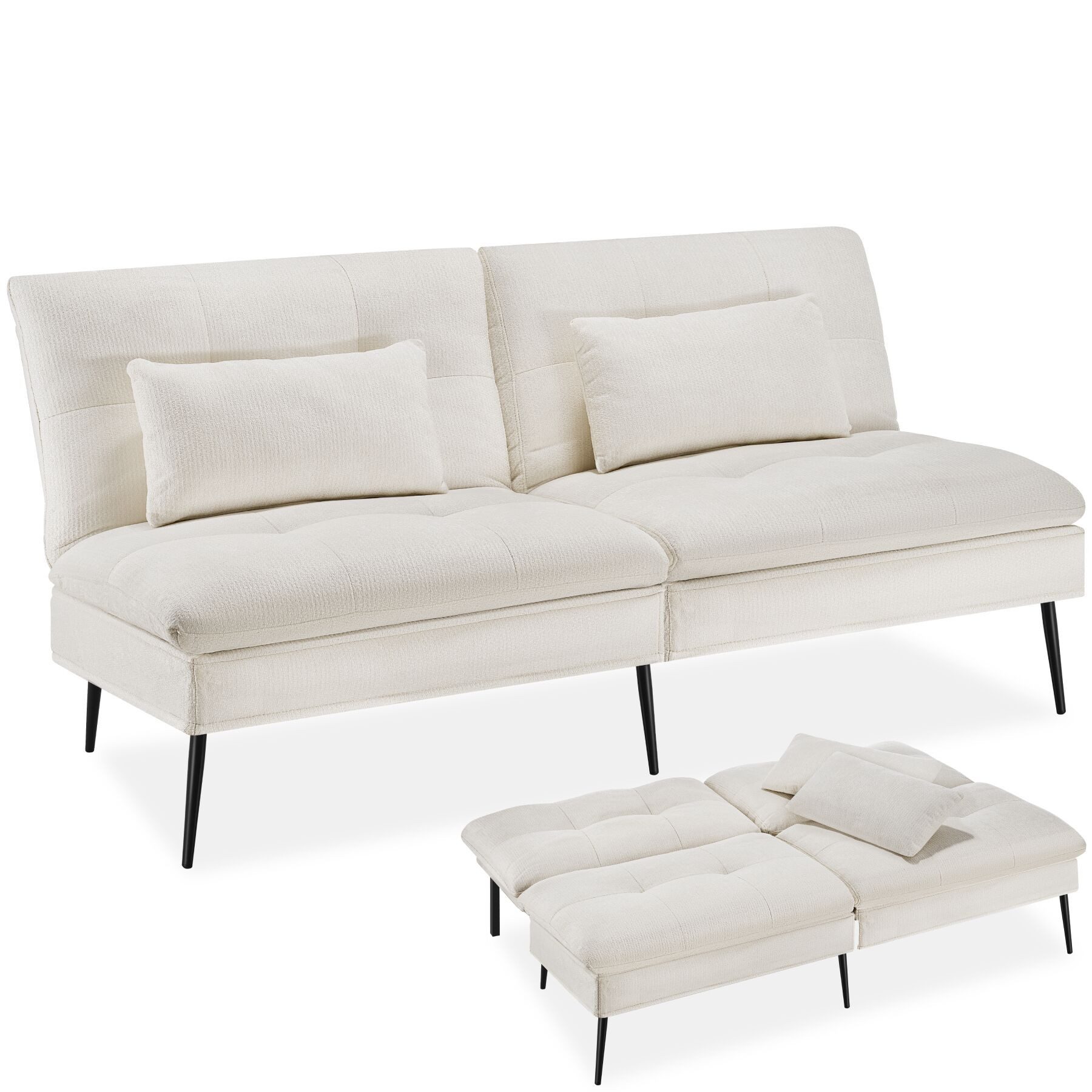 tectake Sofa 3in1 Schlafcouch, 3-Sitzer, 6-fach verstellbar, 300 kg, 175 cm breit, Funktionscouch Tokio, Stahlgestell, dicke Polsterung, Inkl. Kissen, Kunststofffüße