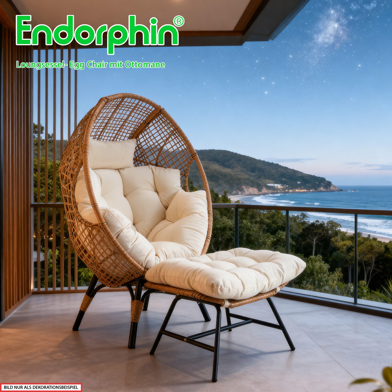 Endorphin Gartensessel Loungesessel Egg Chair, Gartenmöbel, Korbsessel für drinnen u. draußen (1 Loungesessel inkl. Rückenkissen + 1 Ottomane inkl. Kissen), Belastbar bis 200 kg