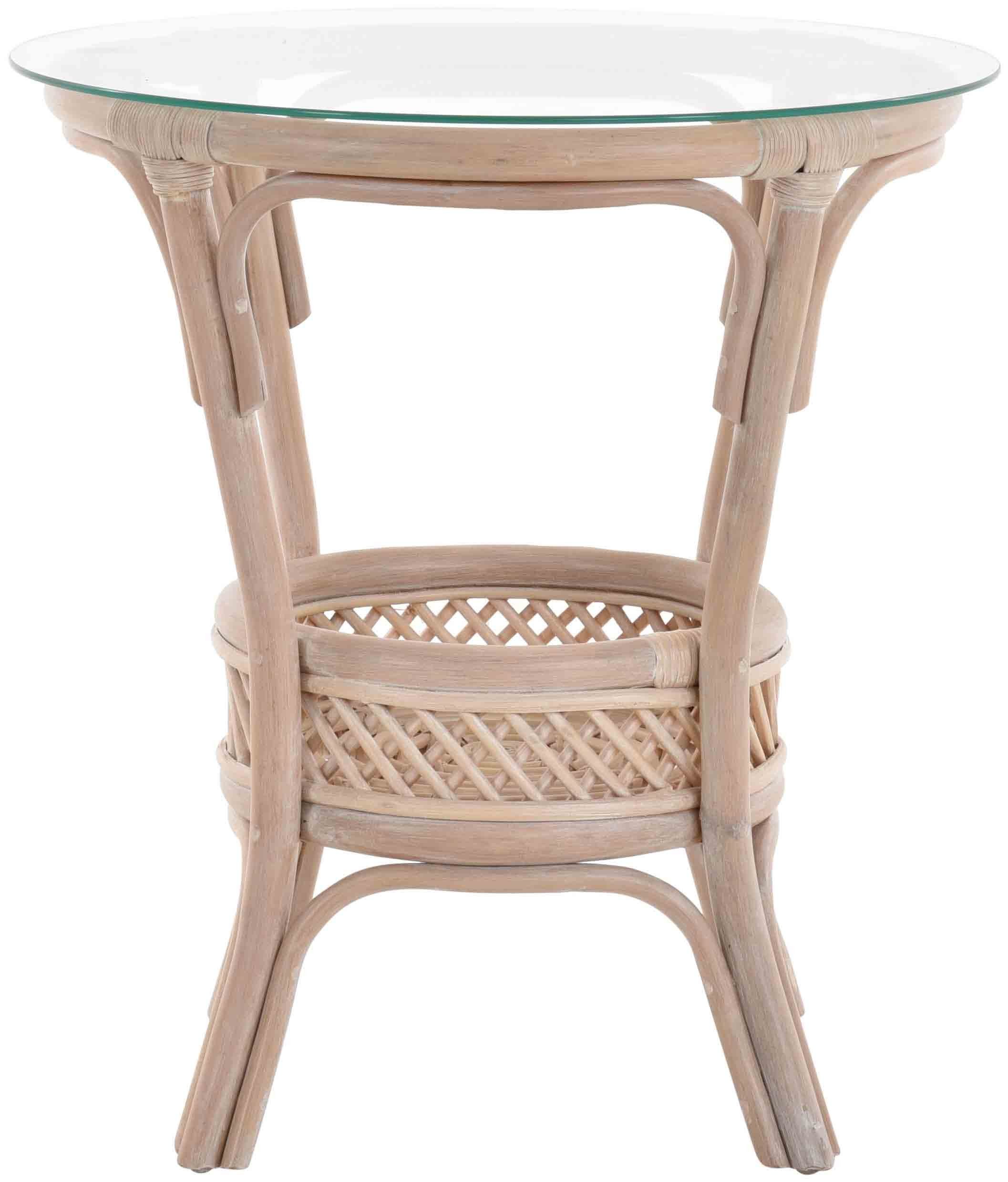 Krines Home Beistelltisch RattanTisch Beistelltisch Landhaus Rattantisch mit Glasplatte, Ø 59cm, Wohnzimmer Kaffetisch