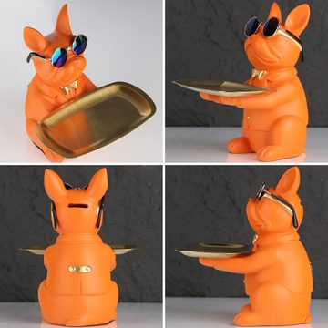 HYTIREBY Tierfigur Französische Bulldogge Tablett Deko Statue, Hund Skulptur, (1 St), Hund Dekofigur Aufbewahrungs Tablett Statue Mit Tablett (Orange)