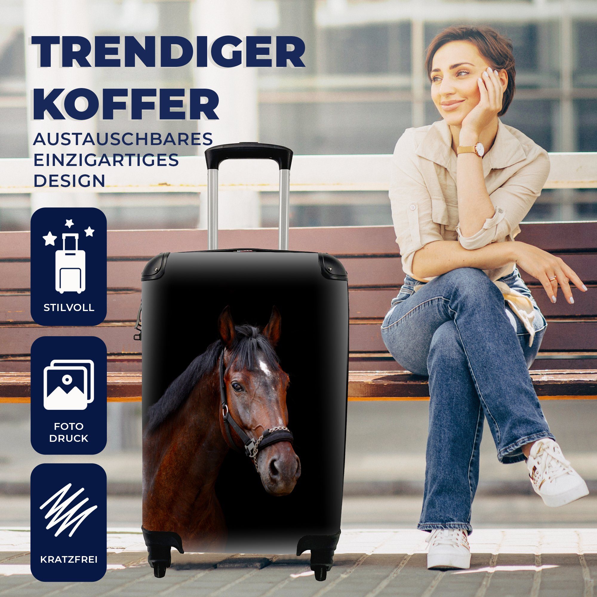 MuchoWow Handgepäckkoffer Pferd mit - Reisekoffer 4 Ferien, Handgepäck rollen, Reisetasche für Trolley, - Tiere Rollen, Braun