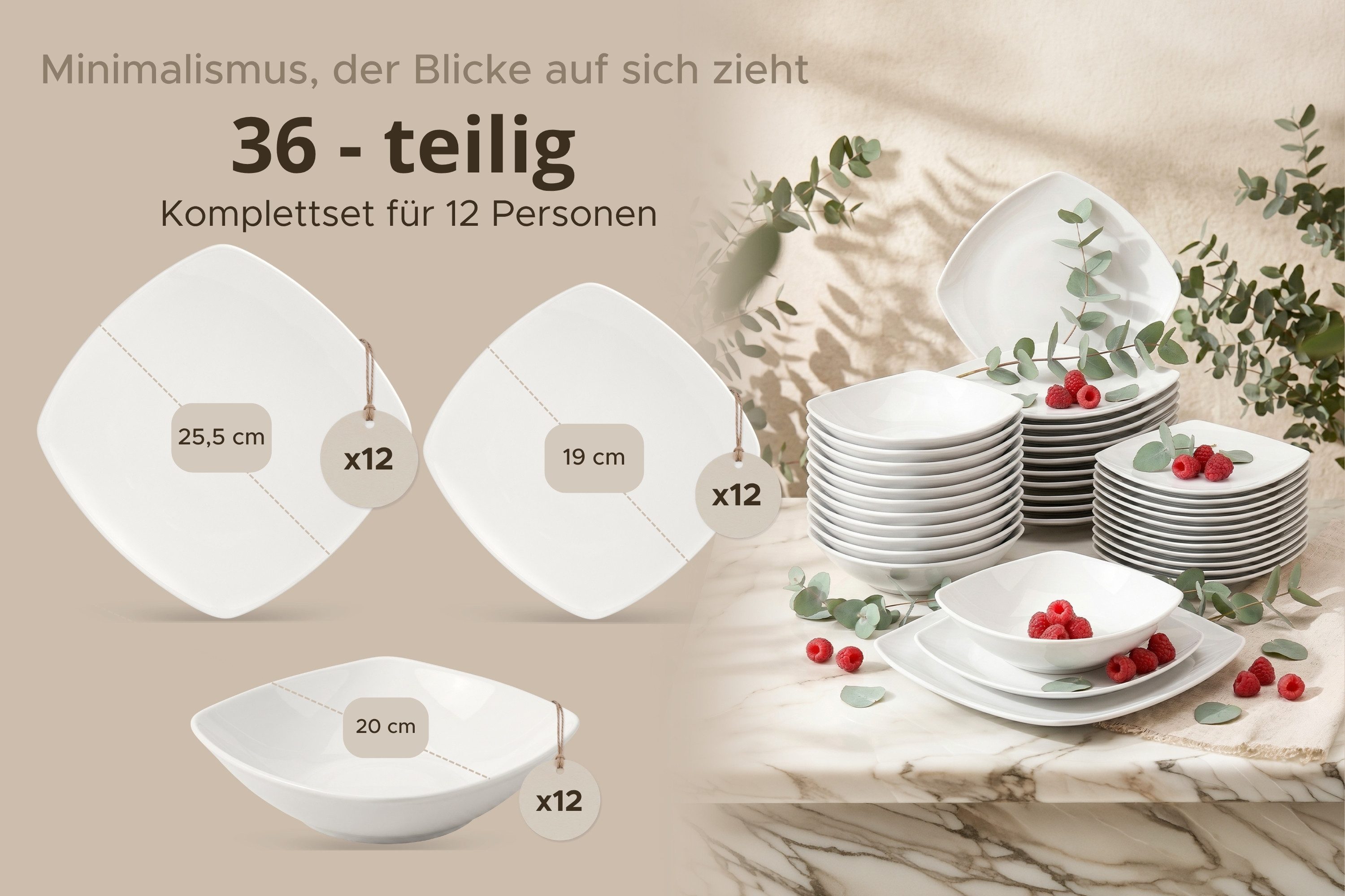 KONSIMO® Tafelservice CARLINA Dessertteller Suppenteller Speiseteller (36-tlg), 6 Personen, Porzellan – Bild 5 von 5