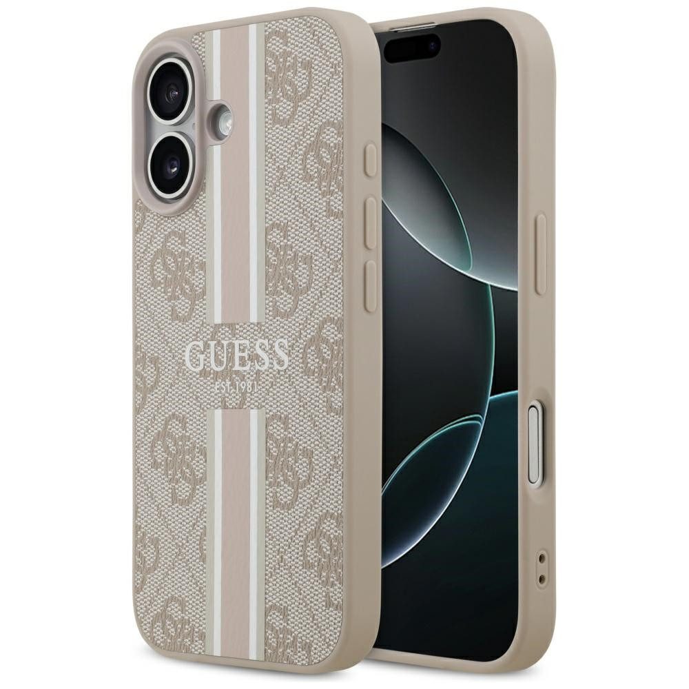 Guess Handyhülle Case iPhone 17 MagSafe Kunstleder rosa Logo Streifen 6,3 Zoll, Kantenschutz