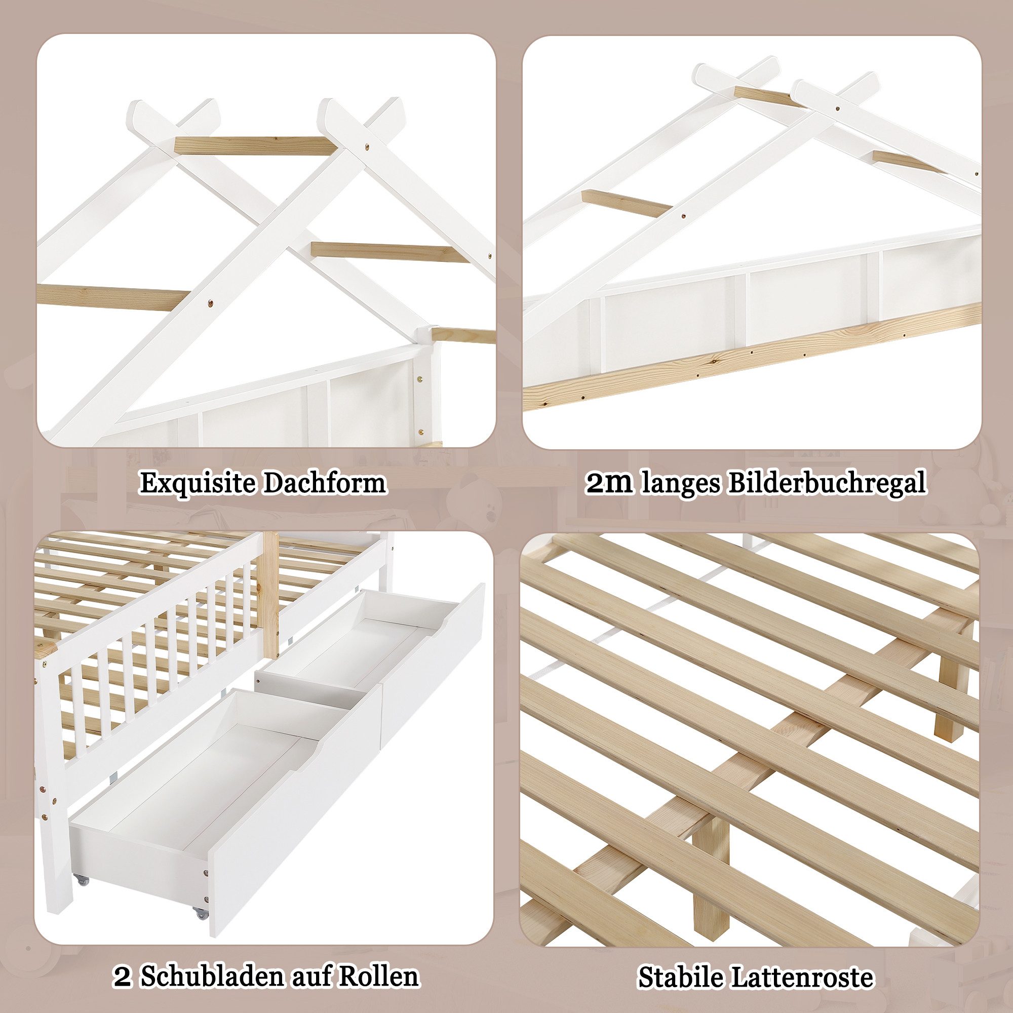 Merax Kinderbett 140x200cm mit Hausdach (Jugendbett Einzelbett, 1-tlg., stilvolles Design für Kinderzimmer), Kieferholz Hausbett mit Ablagefächern, 2 Schubladen – Bild 5 von 5