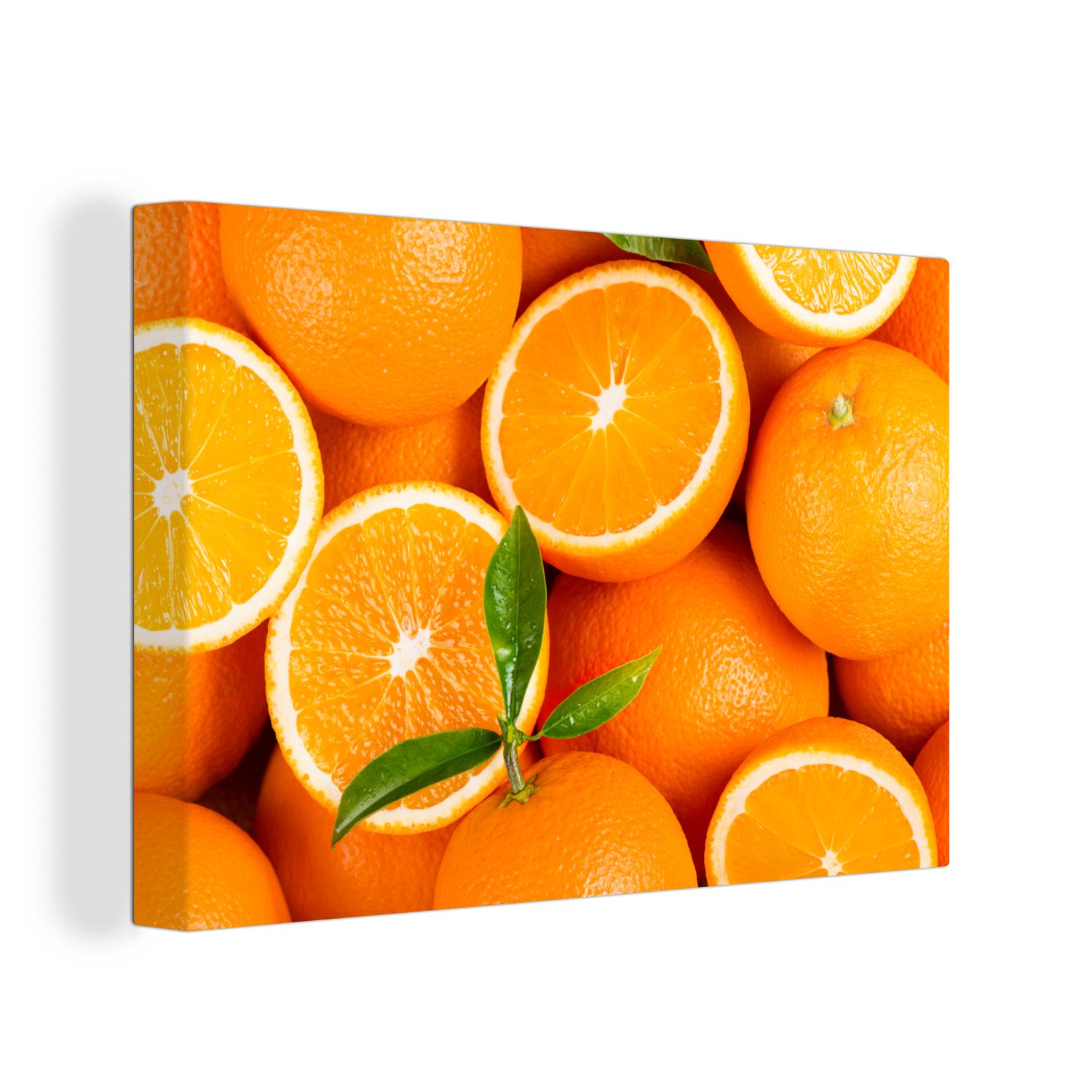 OneMillionCanvasses® Leinwandbild Früchte - Orange - Blätter, (1 St), Wandbild Leinwandbilder, Aufhängefertig, Wanddeko, 30x20 cm