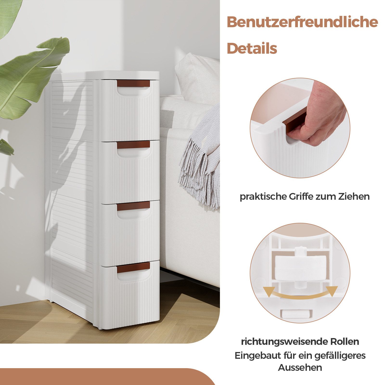 COSTWAY Beistellwagen Nischenschrank schmal, mit 4 Schubladen & Rollen, weiß – Bild 5 von 5