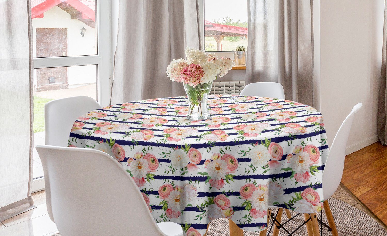 Abakuhaus Tischdecke Kreis Tischdecke Abdeckung für Esszimmer Küche Dekoration, Blumen Englisch Garten Navy Streifen
