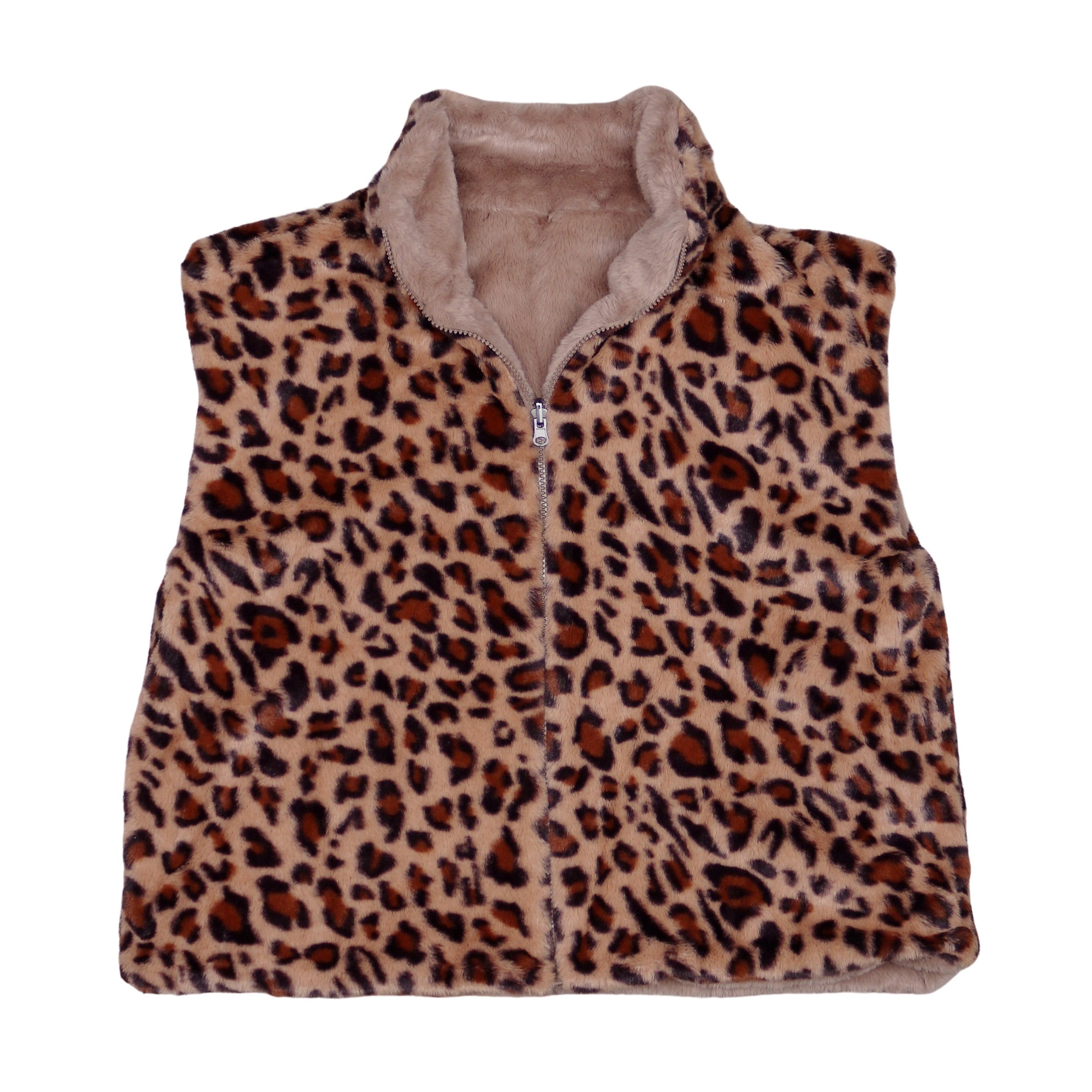 MIRROSI Plüschweste Damen Wendeweste Plüsch – Teddy Weste mit Leo Muster (One Size – passend ca. für Größe 38, 40,42 und 44) beidseitig tragbar – Reißverschluss & 4 Taschen