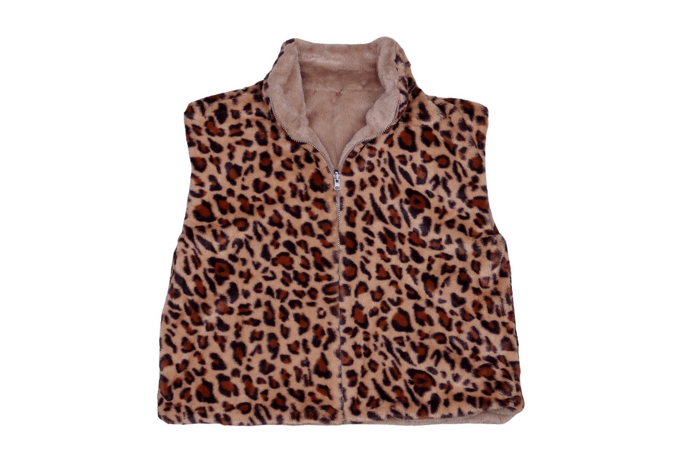 MIRROSI Plüschweste Damen Wendeweste Plüsch – Teddy Weste mit Leo Muster (One Size – passend ca. für Größe 38, 40,42 und 44) beidseitig tragbar – Reißverschluss & 4 Taschen