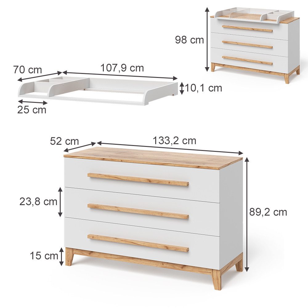 VitaliSpa® Wickelkommode Malia, Weiß/Artisan, 133.2 x 98 cm mit 3 Schubladen