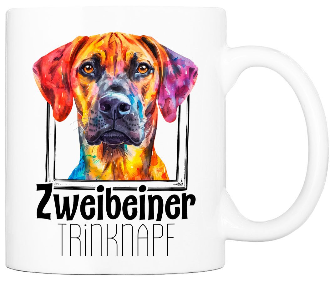Cadouri Tasse ZWEIBEINER TRINKNAPF mit Ridgeback - Kaffeetasse für Hundefreunde, Keramik, mit Hunderasse, beidseitig bedruckt, handgefertigt, Geschenk, 330 ml