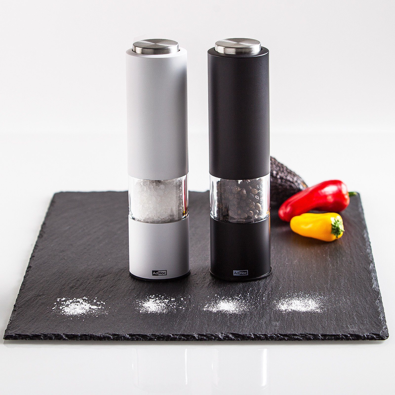 Design, (2 Schwarz modernes Keramik-Mahlwerk, Tropica AdHoc Weiß Stück), Salz-/Pfeffermühle Gewürzmühlen, , LED elektrisch, elektrische