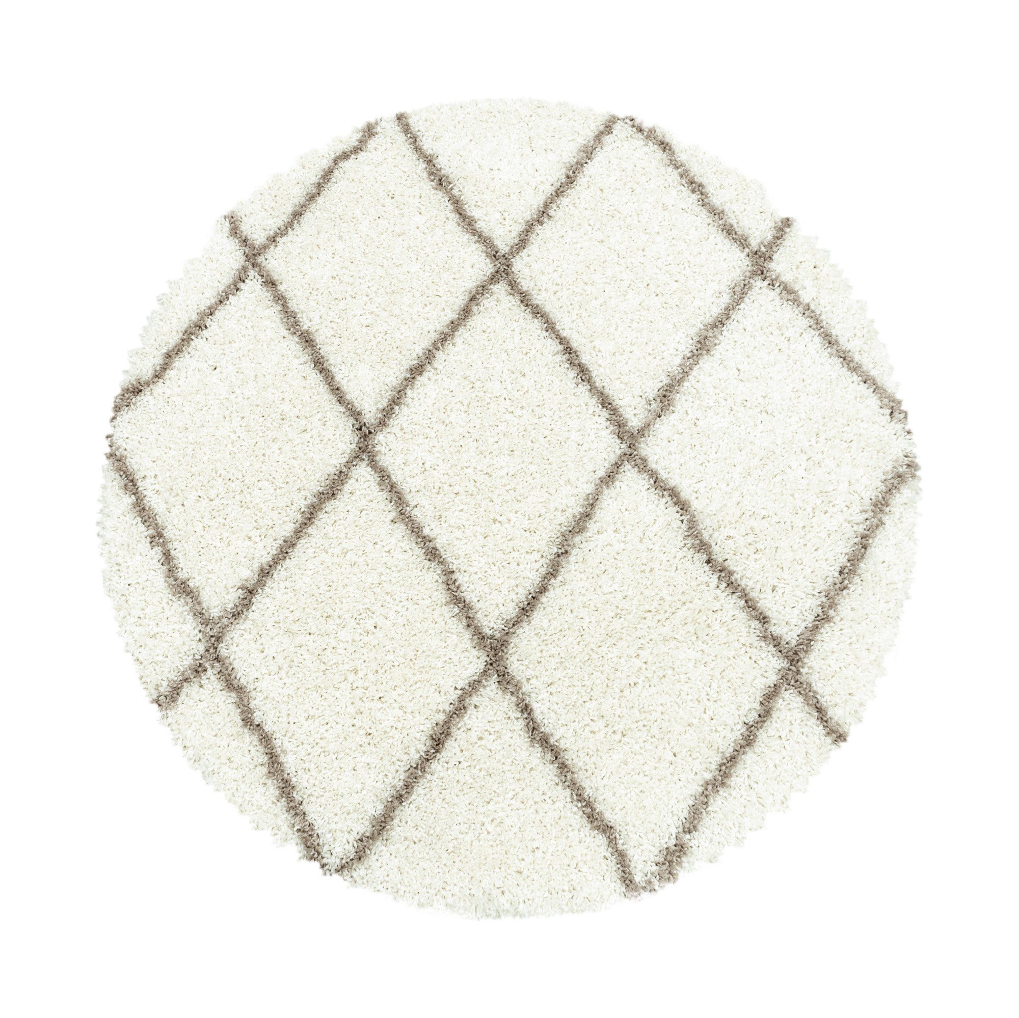 Hochflor-Teppich Rauten Design, Carpetsale24, Rund, Höhe: 30 mm, Runder Teppich Wohnzimmer Geometrisch Design Shaggy Langflor Creme