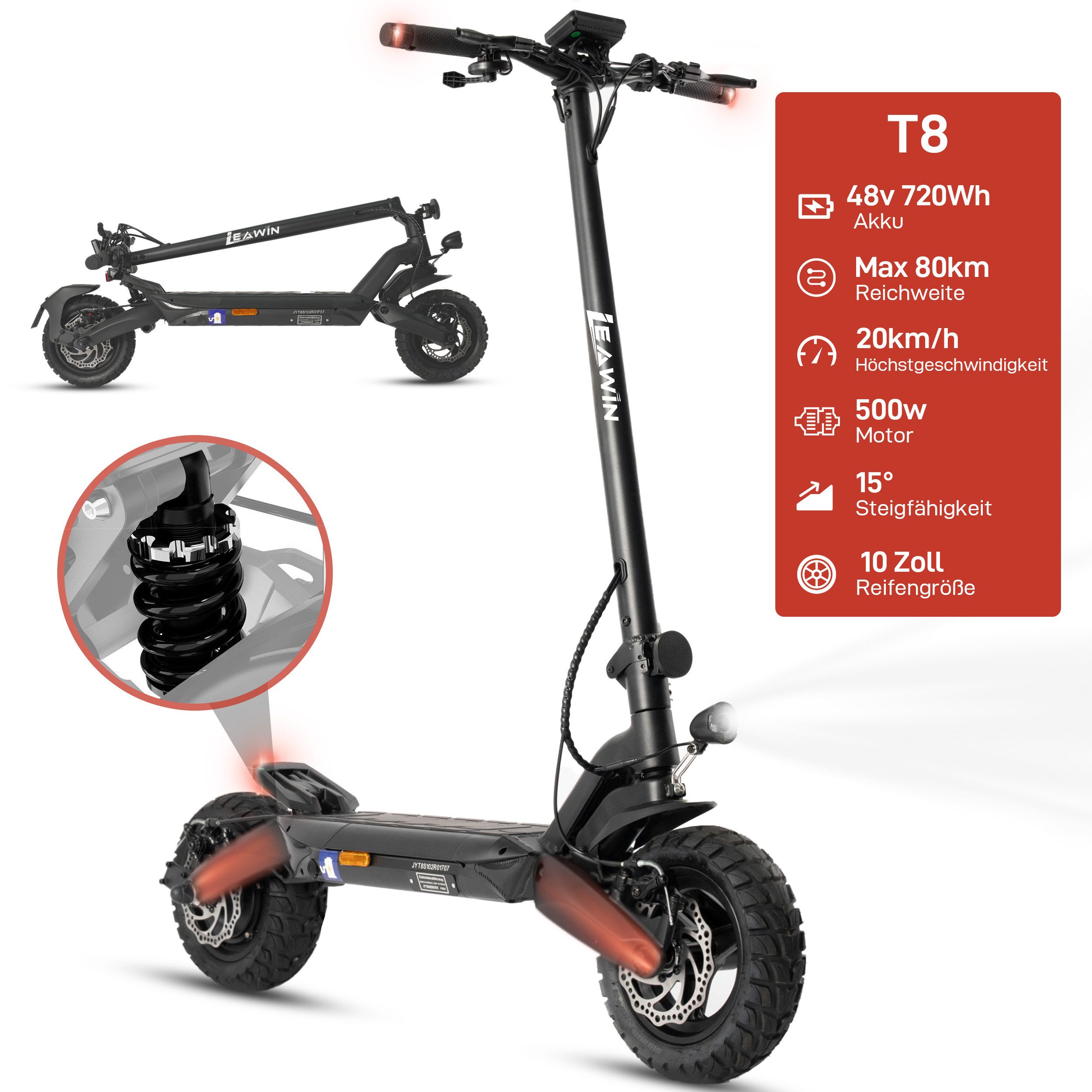 ZWHEEL E-Scooter 10 Zoll klappbarer E-roller mit ABE, 48V 720 Wh, max. 80km, 500 W, 20 km/h, (mit Blinker, 4 Stoßdämpfer, mit Straßenzulassung), Offroad-Reifen, Doppelfederung & Scheibenbremse mit Abschaltung