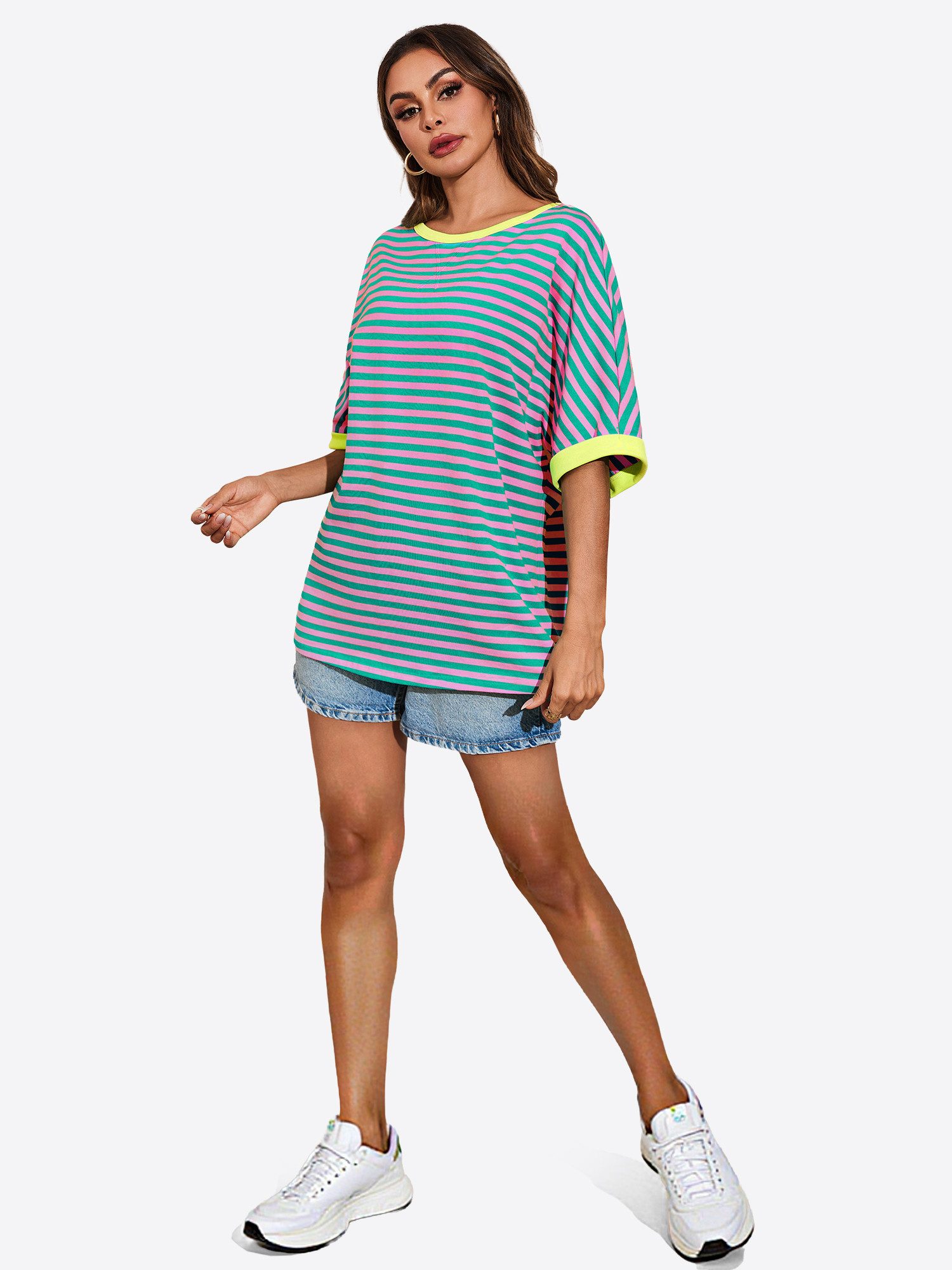 Imily Bela T-Shirt Damen Oversize Streifenmuster und Kontrastborten Relaxed Fit (Packung, 1-tlg., 1per-Pack) mit X-förmige Naht am Hundhalsausschnitt